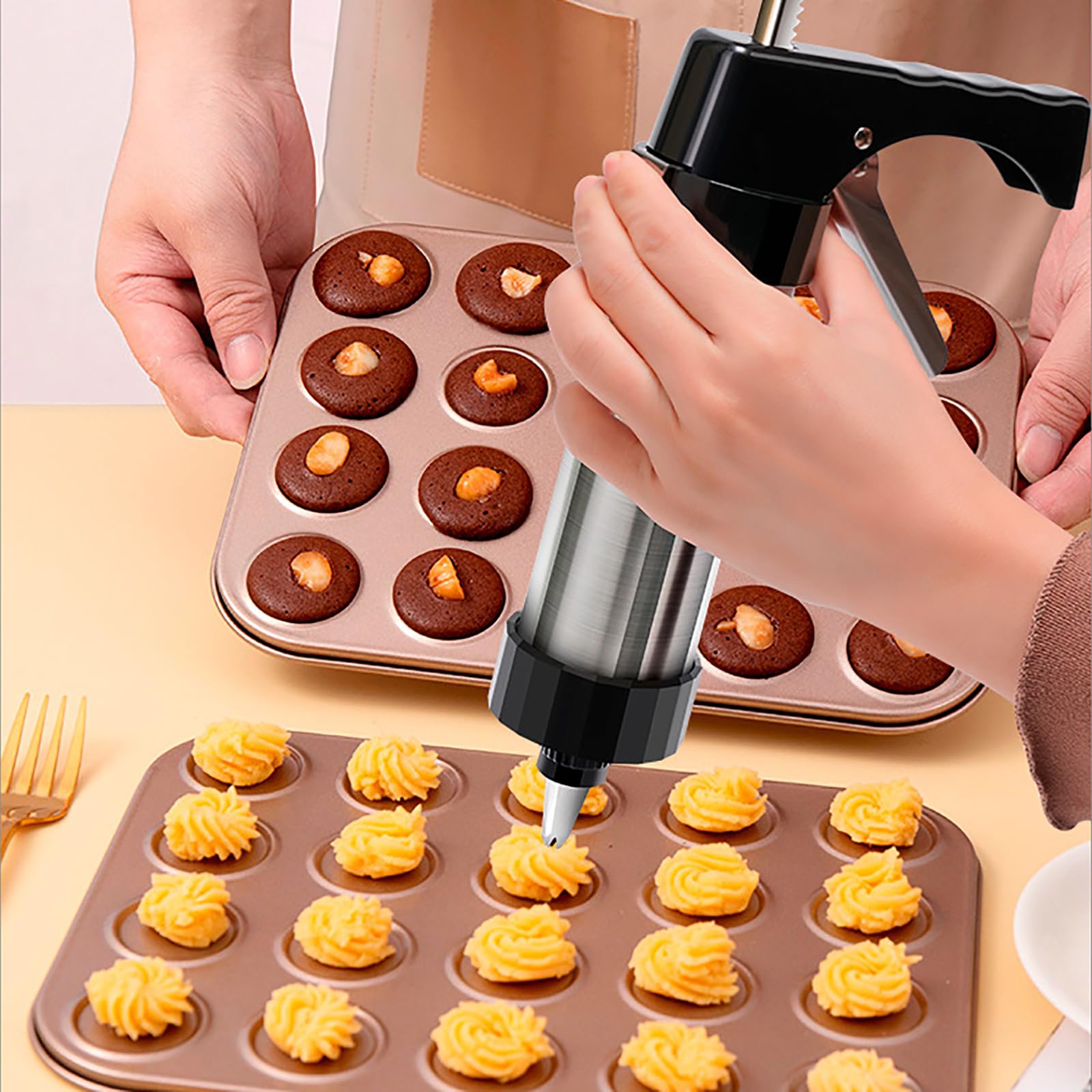 Pressa per biscotti in acciaio inox con dischi e asta di spinta - Strumenti per decorare torte per feste ed eventi, con pulsante di sicurezza