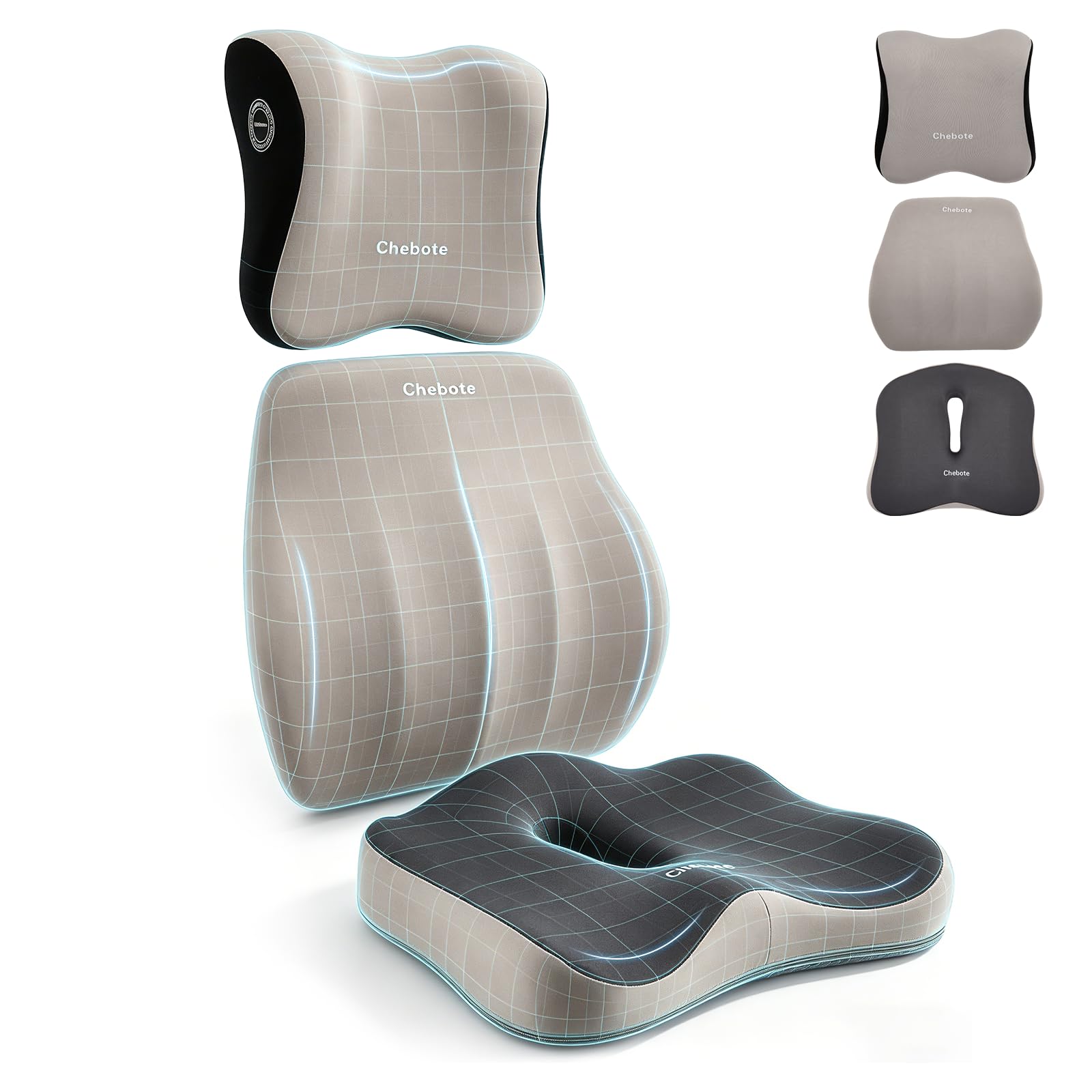 Cojín 3 en 1 para silla de oficina y cojín lumbar para coche y cuello, ergonómico ortopédico de espuma viscoelástica para asiento de coche con soporte lumbar, cojín lumbar para el dolor de espalda