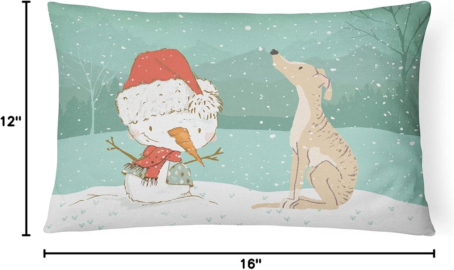 Caroline's Treasures CK2043PW1216 Brindle Greyhound Snowman Christmas Canvas Fabric Decorative Pillow Machine Washable, Indoor Outdoor Decorative Pillow for Couch, Bed or Patio, 12HX16W