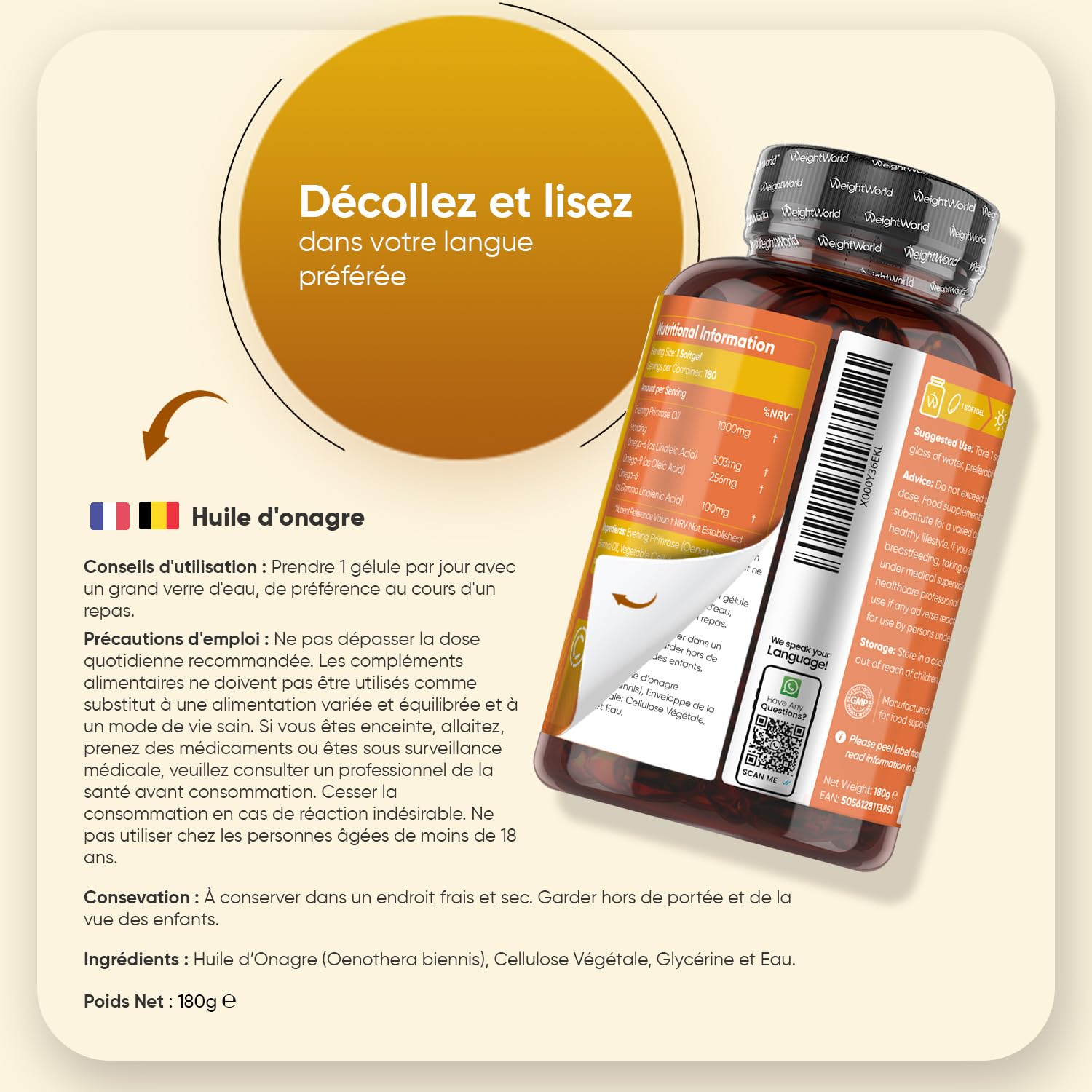 Huile d'Onagre Pressée à Froid 1000mg - 180 Gélules Vegan Multi Usages pour 6 Mois - Riche en Oméga 6, Omega 9 avec Acide Linoléique, Oléique & Gamma-Linolénique, sans OGM, sans Gluten