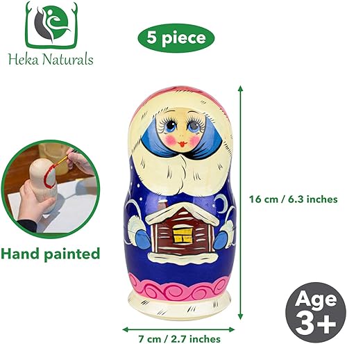 Miniatura 3 de Heka Naturals Snow Maiden Nesting Dolls  All Natural Wooden Matryoshka Doll Set of 5 (7 Inch) - Traditional Babushka Home Decor, Wooden Stacking