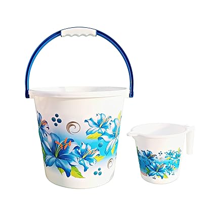 Epic - 25 Liter Unbreakable Strong Plastic Bathroom Bucket & Mug 1 Liter (Flower Printed) (Blue)