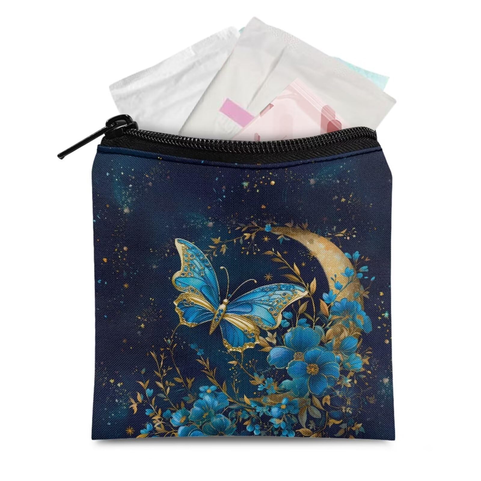 HUGS IDEA Blue Butterfly Moon Period Bag Sanitary Napkin Storage Bag Tampon Bag Tampon Pad Holder for Purse