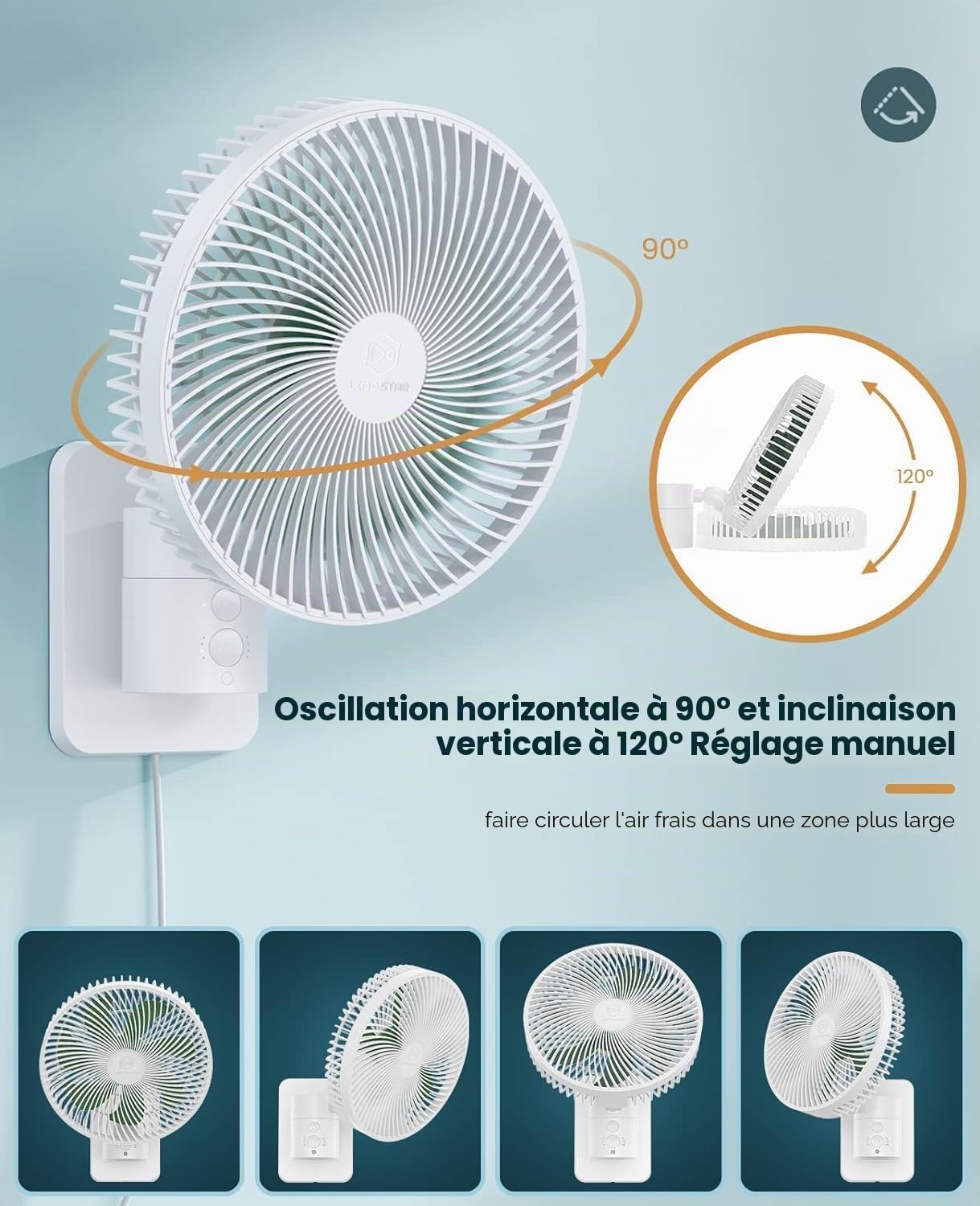 Ventilateur mural oscillant de 20,3 cm avec télécommande, minuterie et 4 réglages de vitesse, inclinaison réglable, cordon de 177,8 cm, ultra silencieux, puissant, 7 lames, facile à nettoyer pour