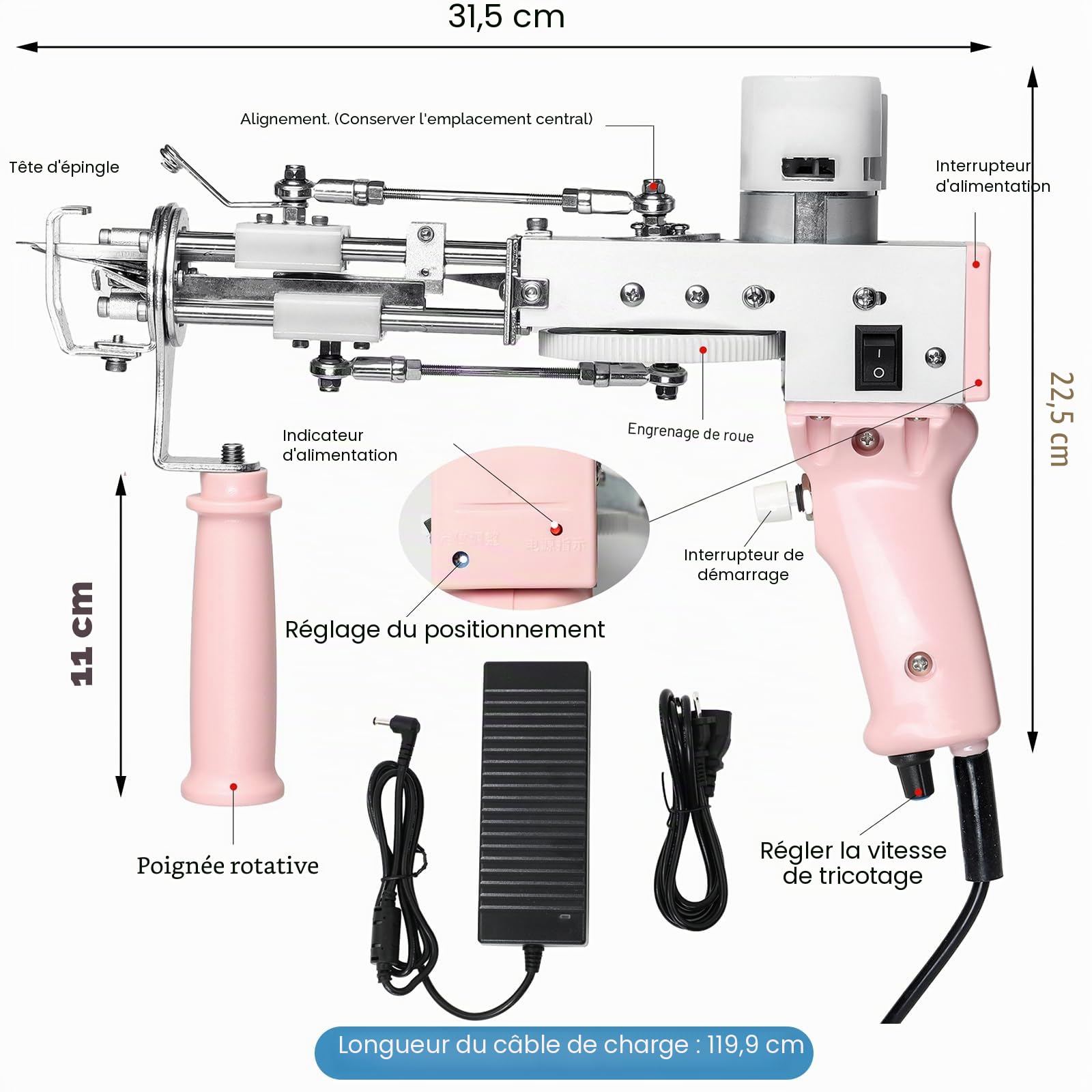 Tufting Gun Set avec trimmer pour tapis & fil & tissu à tufter, Set de pistolets à tufter pour tapis pour le tissage à haute vitesse de tapis, Tufting Machine Kit DIY Tools