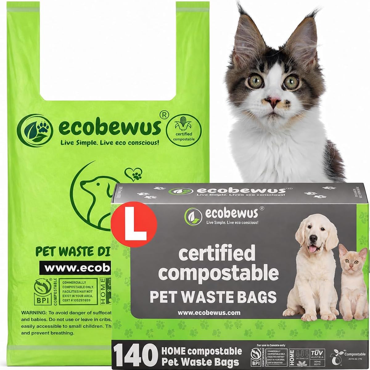 Certified Compostable Pet Waste Disposal Bag (140 ct.) Plant-Based Cat Litter Poop Waste Pick-Up Bags with Handles Dog poop Bags Disposable Compost Food Scrap Liners (140 ct.)