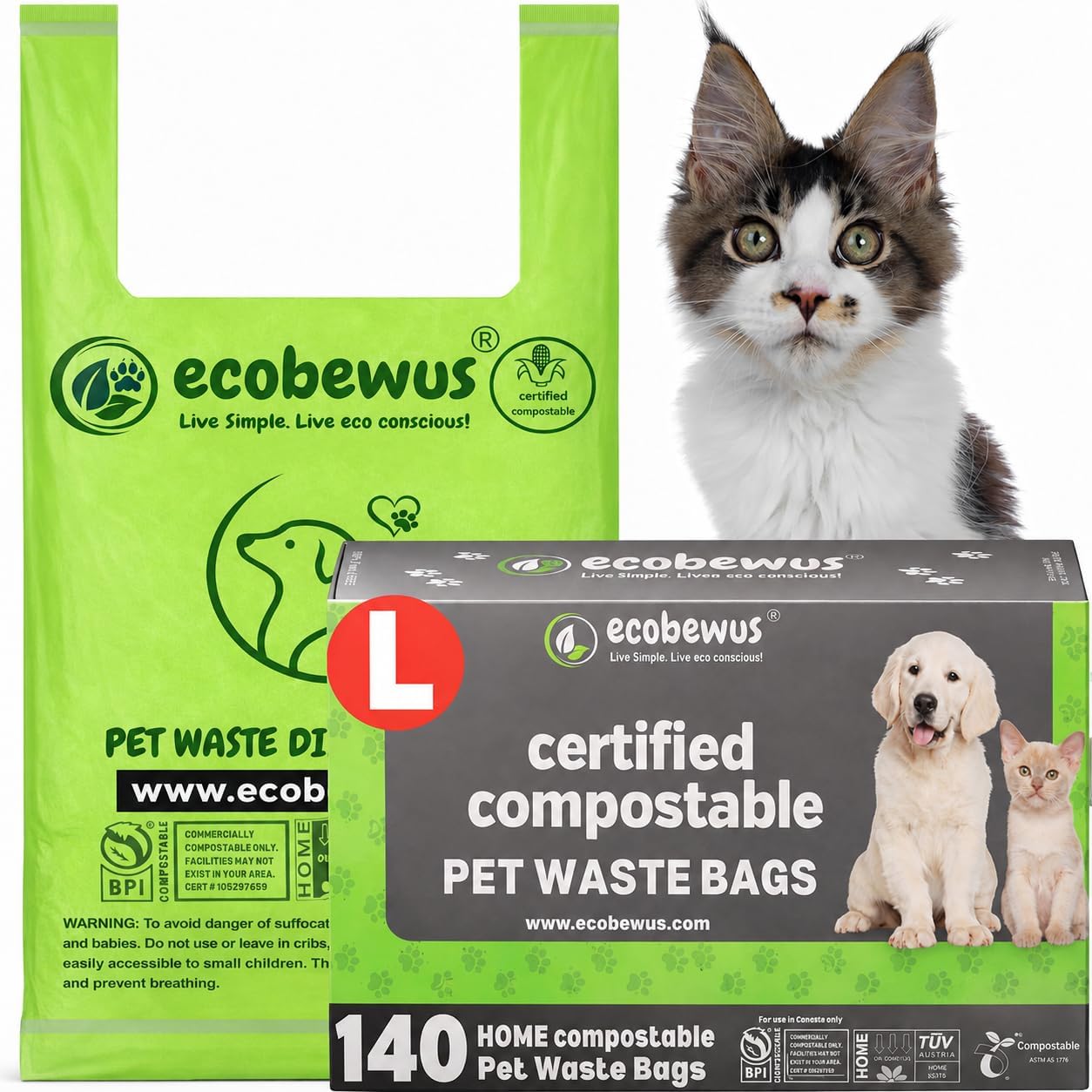 Certified Compostable Pet Waste Disposal Bag (140 ct.) Plant-Based Cat Litter Poop Waste Pick-Up Bags with Handles Dog poop Bags Disposable Compost Food Scrap Liners (140 ct.)