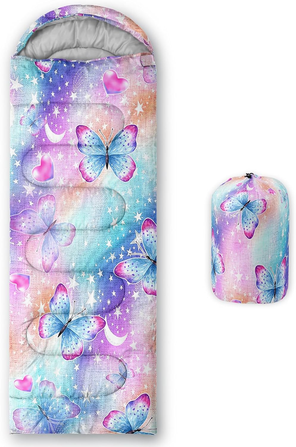 QOOMO Colorful Butterfly Printed Camping Sleeping Bags,3 Season Warm & Cool Weather,Lightweight,Waterproof Sleeping Bags for Adults & Kids,Traveling,and Outdoors,Camping Gear Equipment,31x90inch