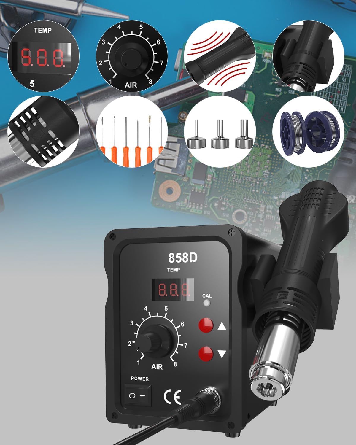 Stazione di saldatura ad aria calda 700W,858D Rework Station con Display LED 100-480°C,Stazione Saldante Aria Calda con 3 punte,2 rotoli di filo di saldatura,2 pinzette e un kit di strumenti.