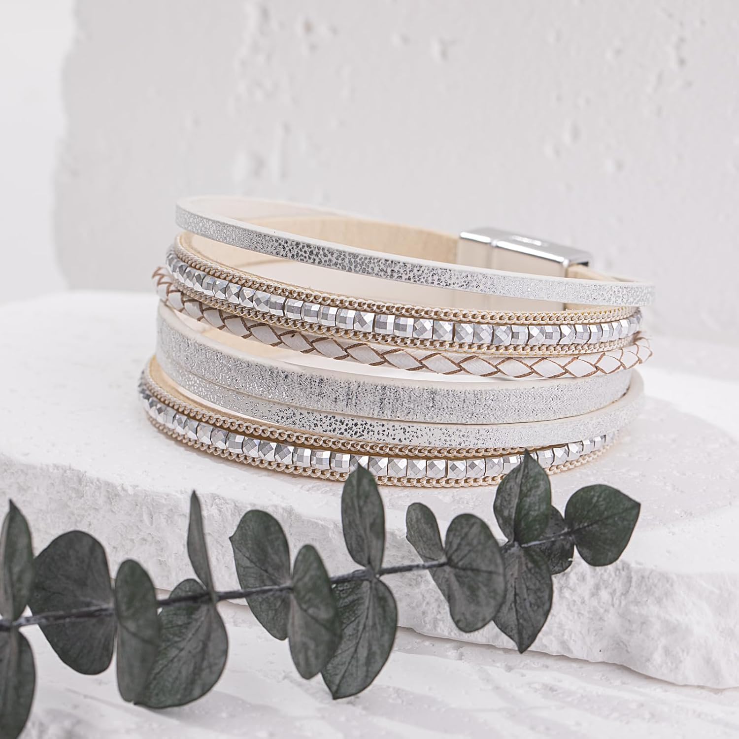 FANCY SHINY Boho Leather Wrap Bracelets Trendy Layered Bracelets with Magnetic Clasp Strackable Bohemian Jewelry Cowboy Cowgirl Chic Gifts for Women - Image 6