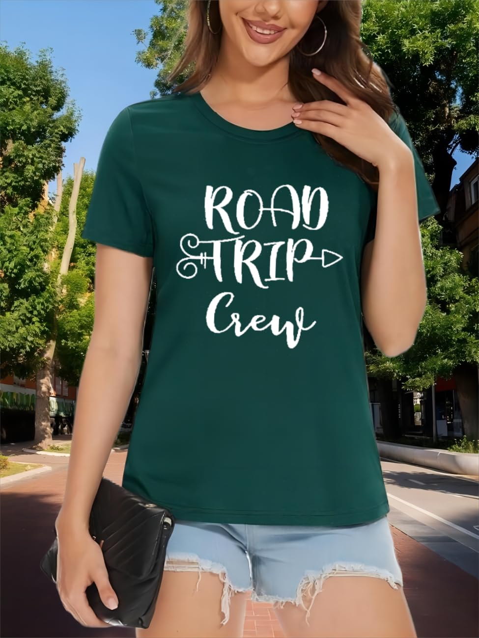 Road Trip Shirts for Women Funny Letter Print Tshirts Family Vacation World Travel Crew Short Sleeve Tops,Green M