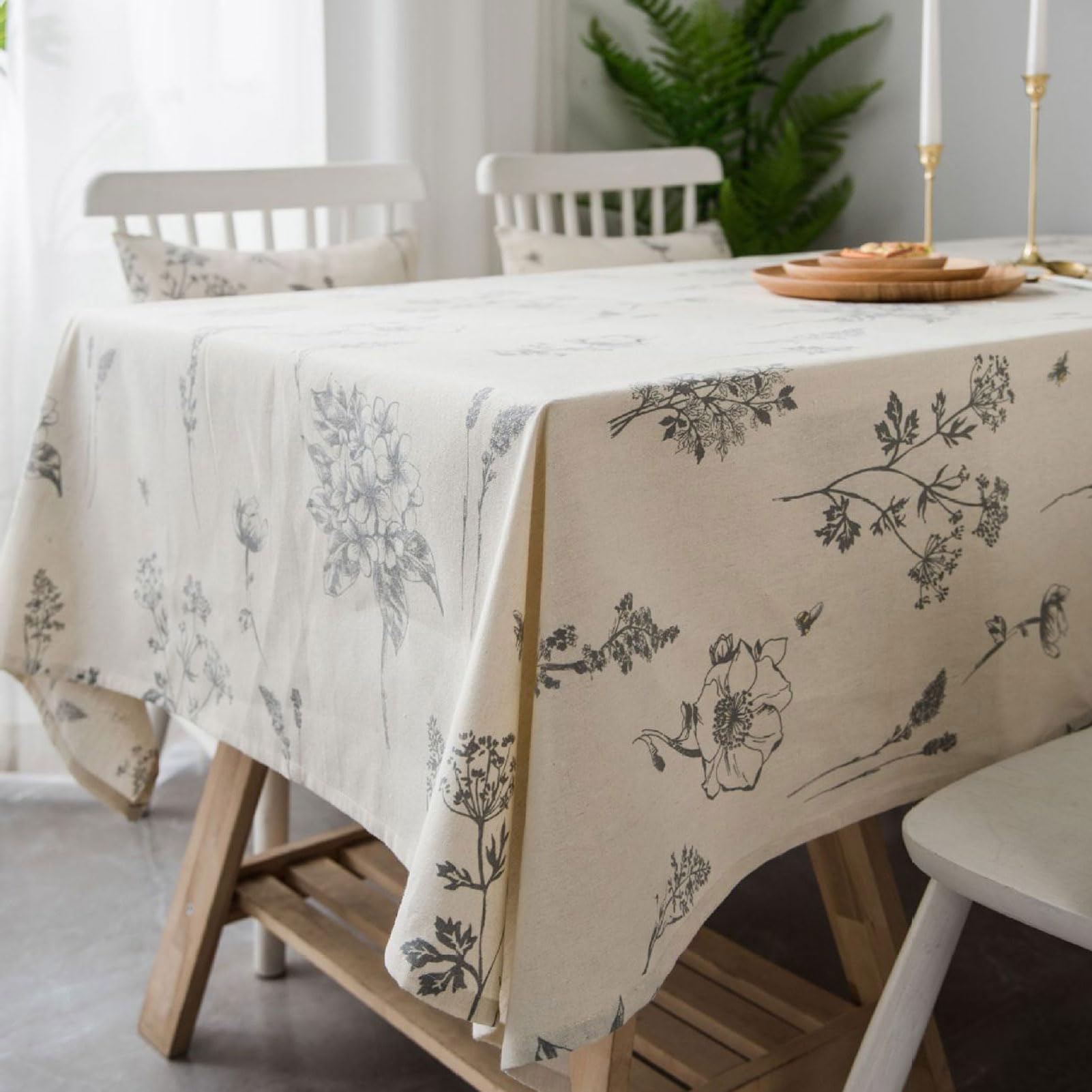 Mantel de Lino de Algodón, Mantel Rectangular con Estampado Floral Estilo Boceto, Manteles Antimanchas Beige, Manteles de Mesa Modernos de Tela para Mesa de Cocina (B 140x300cm)