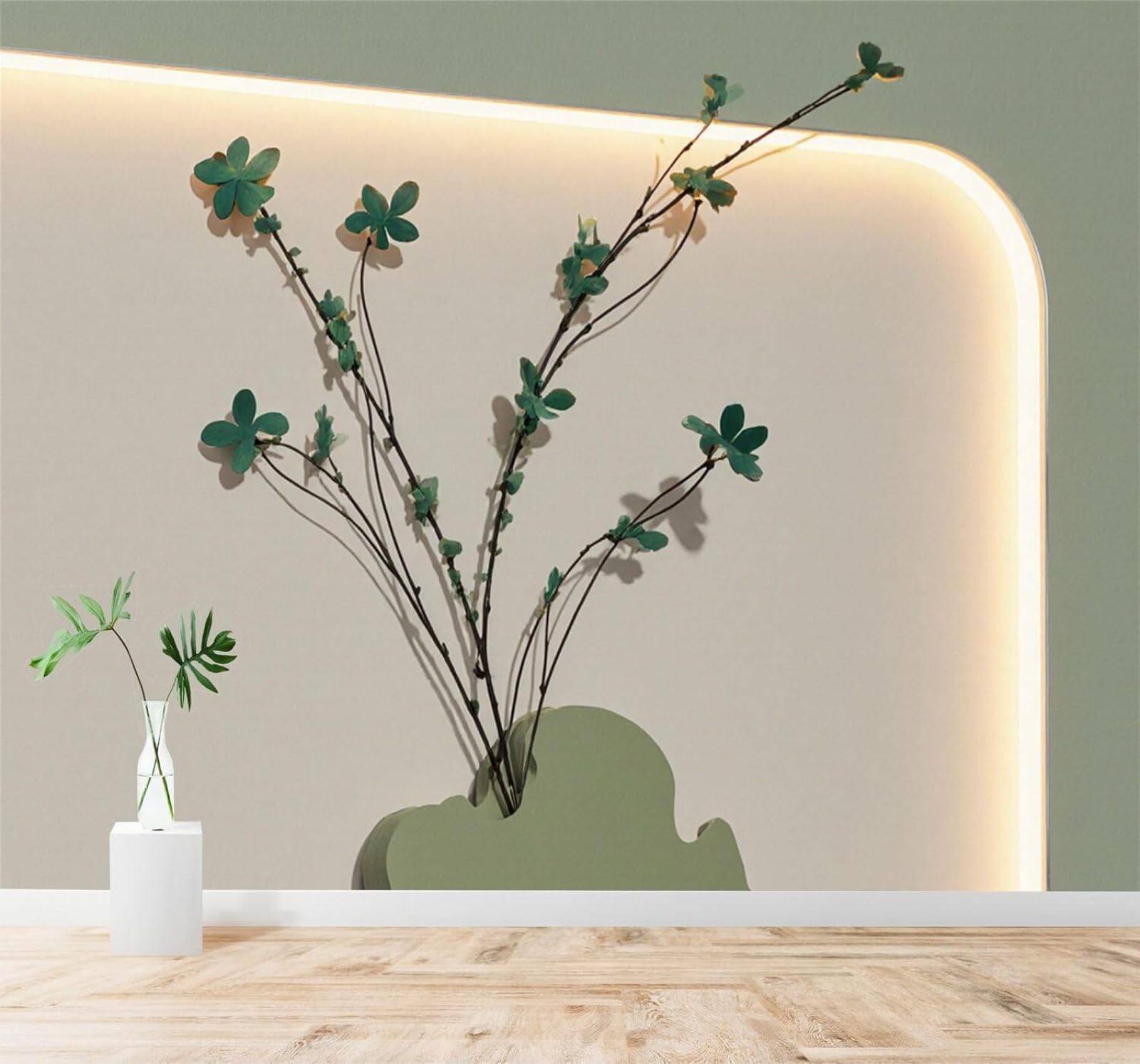 Tzxztt 400Cm×280Cm(B×H) Minimalist Green Flowers Branches Vase Soft Lighting Modern 3D Wallpaper Premium Textured Silk Neutral Tones Material Ideal For Living Room Bedroom-400Cm×280Cm