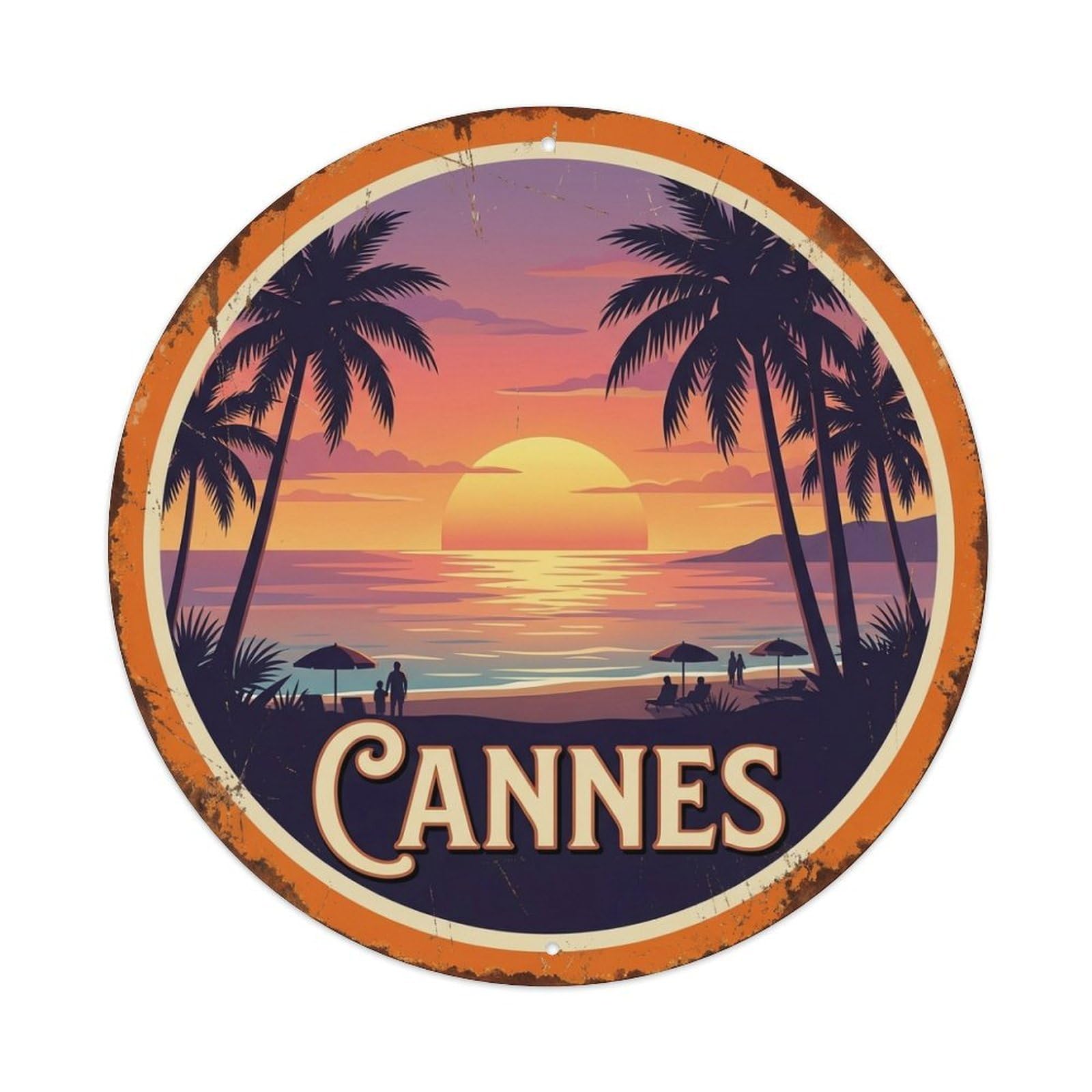 Beach Sunset of Cannes Coastal Travel Vintage Metal Tin Sign
