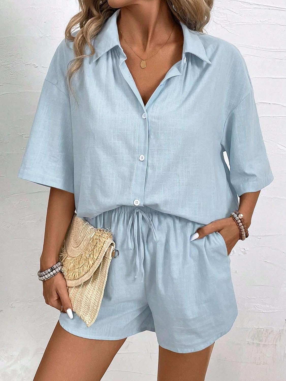 Women's 2-Piece Casual Summer Loose Front Button Shirt And Shorts Set