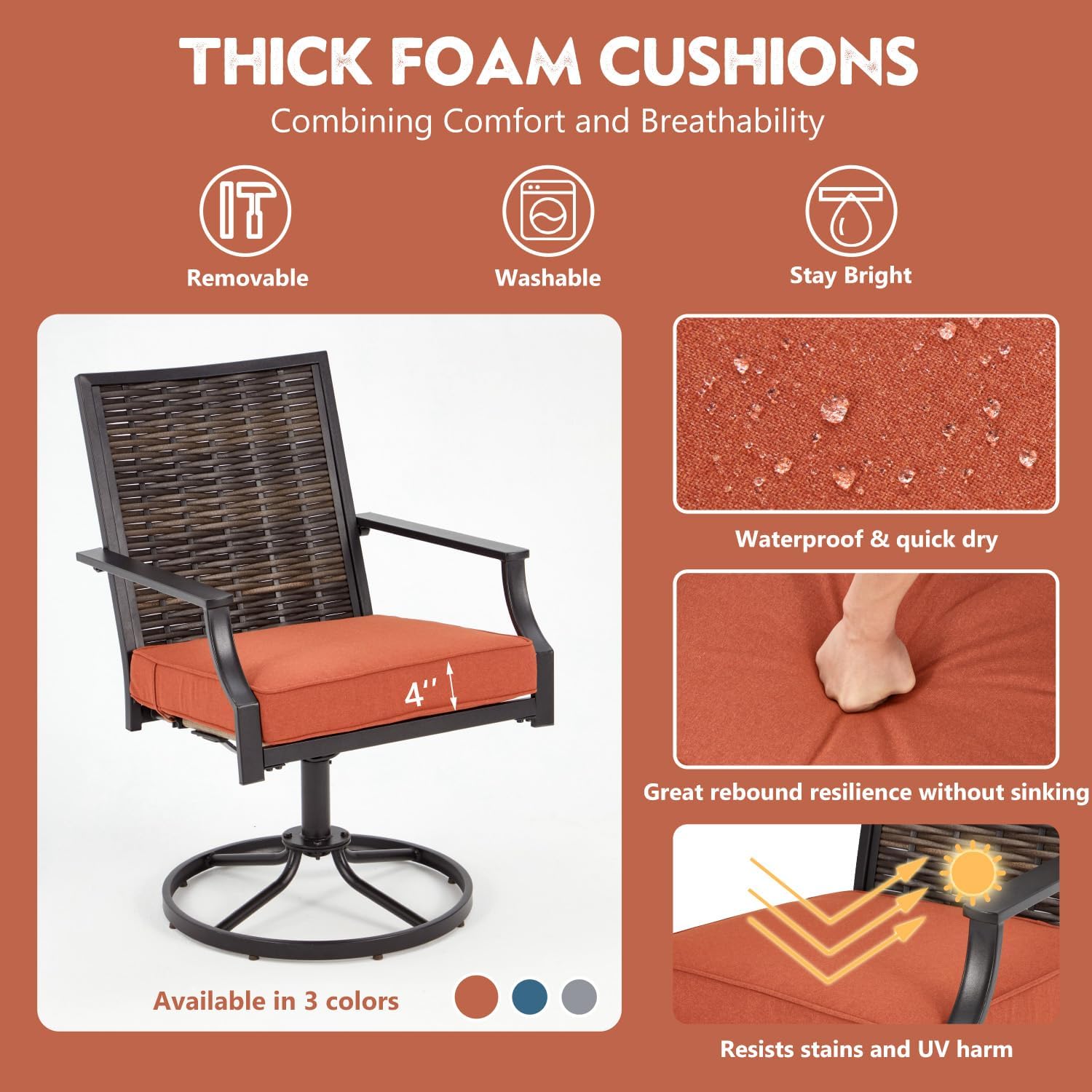 EROMMY Patio Swivel Chairs Set of 2, Heavy Duty Outdoor Swivel Chairs with Removable Cushions, Patio Rattan Wicker Decoration Chairs for Garden Lawn & Porch, Backyard, Balcony, Orange Red