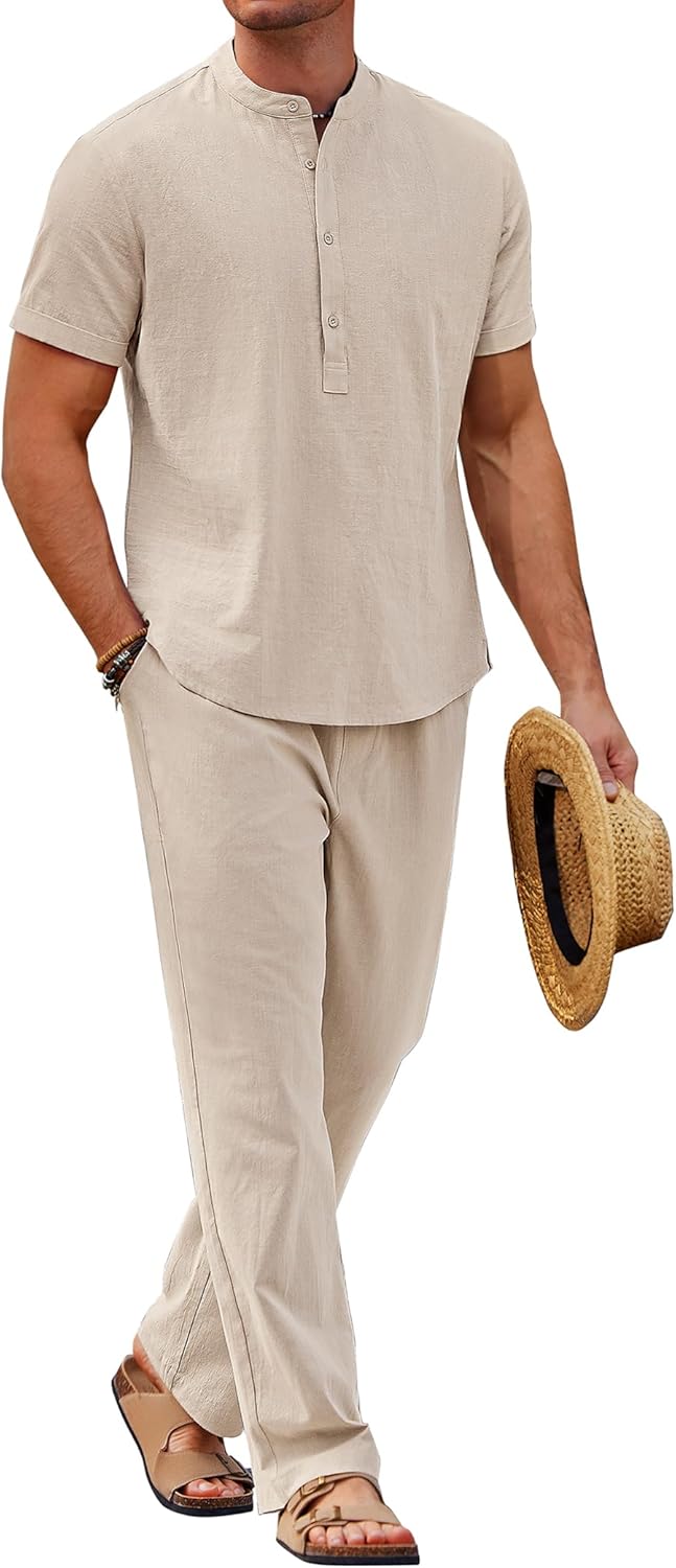 COOFANDY Mens 2 Pieces Cotton Linen Sets Short Sleeve Casual Henley Shirt Summer Beach Pants Lounge Vacation Outfits Set