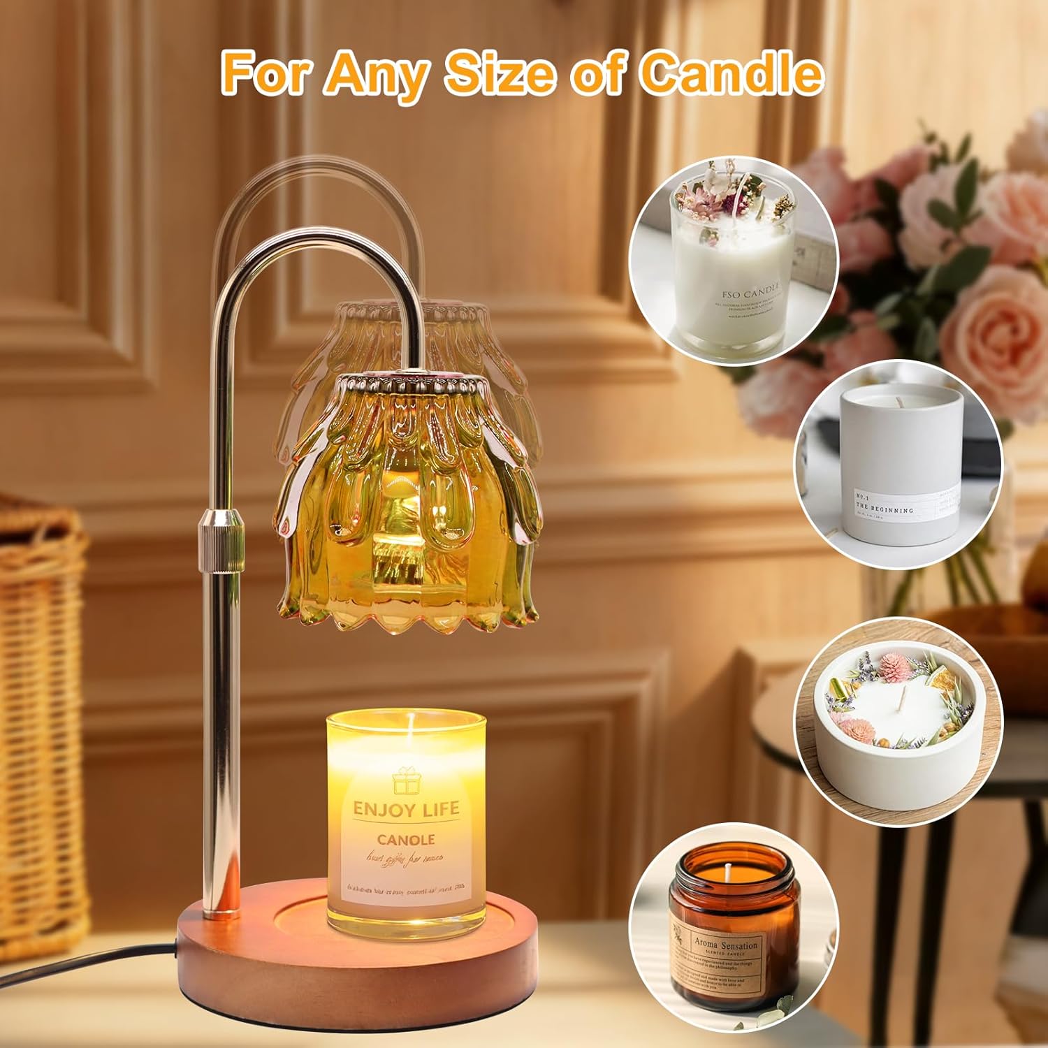 Candle Warmer Lamp with Timer and Dimmer 4-Level Dimmable Flower Light Heat Lamp for Jar Candles Adjustable Height Modern Cute Home Decor for Living Room Bedroom and Best Gift for Friends Lover. Gold