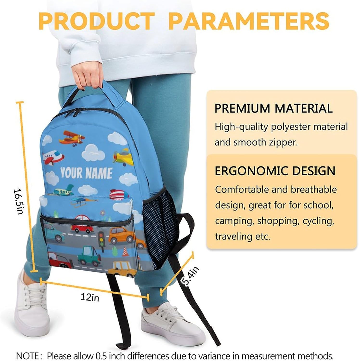 Custom Boys Backpack for School, Airplane Backpacks for Kids, Personalized Large Capacity Daypack for Preschool,Travel, Cartoon Blue Lightweight Bookbag