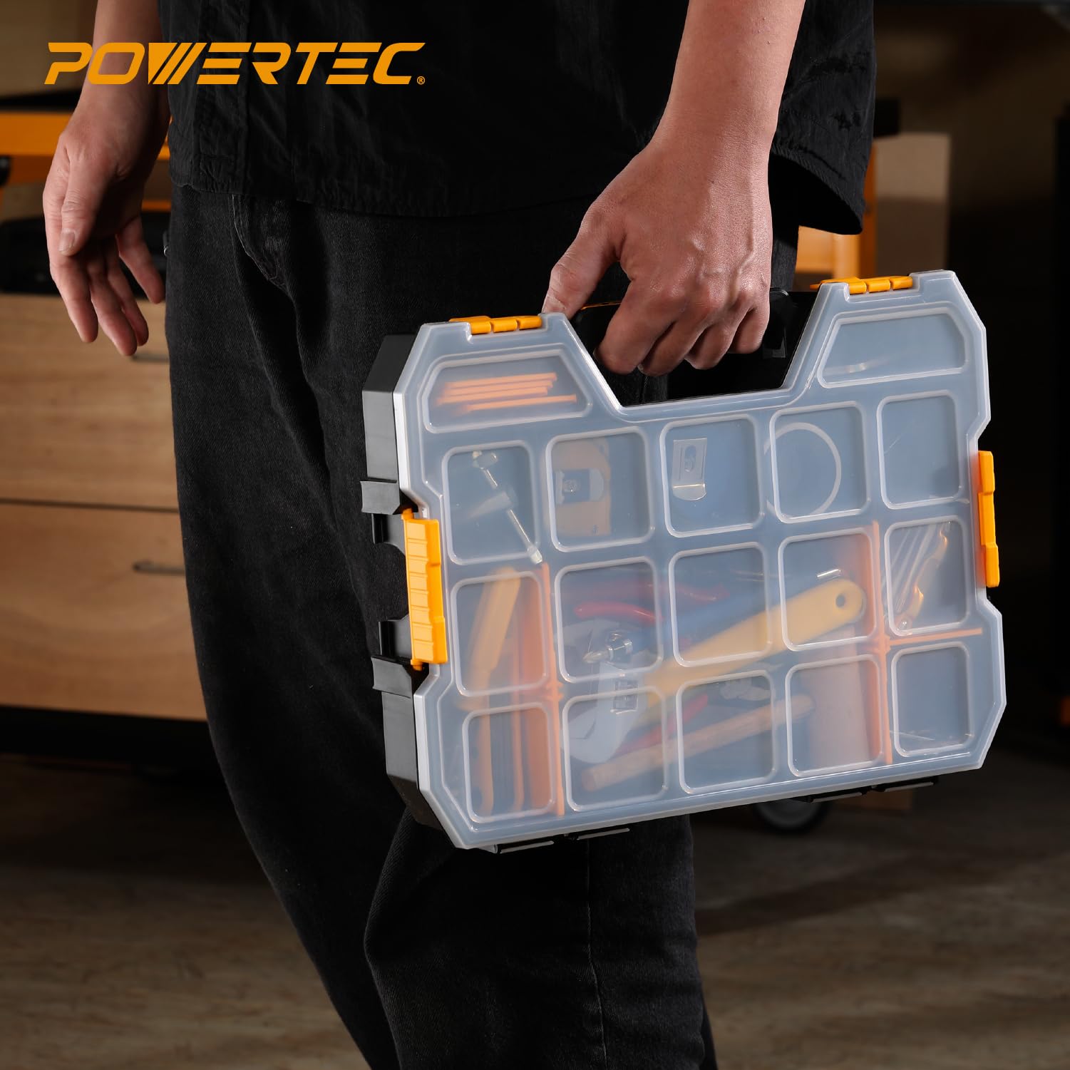 POWERTEC Organizer impilabile per cassetta degli attrezzi con divisori rimovibili, 17 scomparti, design portatile, confezione da 2 (72118-P2)