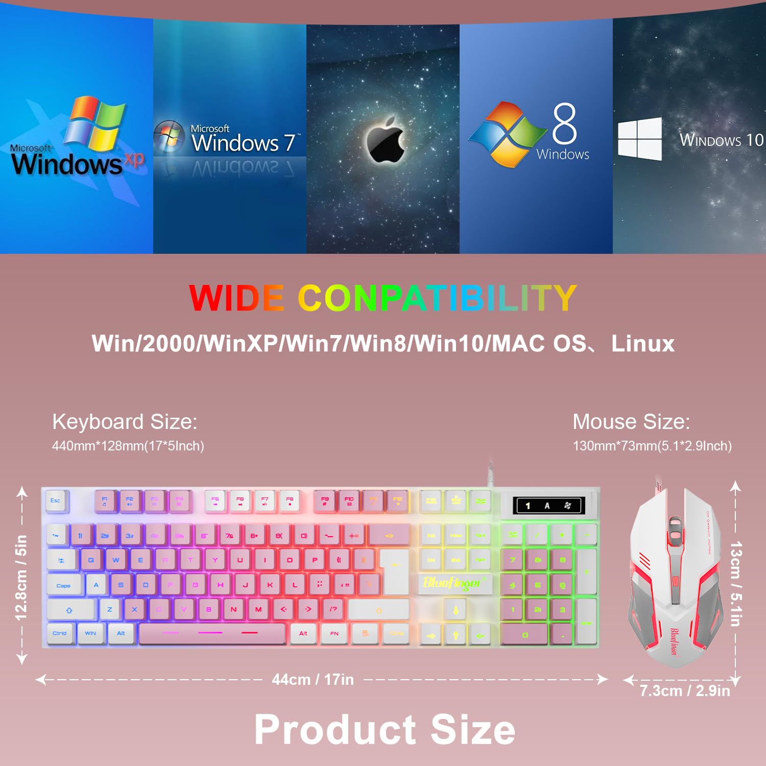 BlueFinger Tastiera da gioco RGB e mouse retroilluminato, con cavo USB, set da gioco a LED per laptop, PC, giochi e lavoro (bianco e rosa)