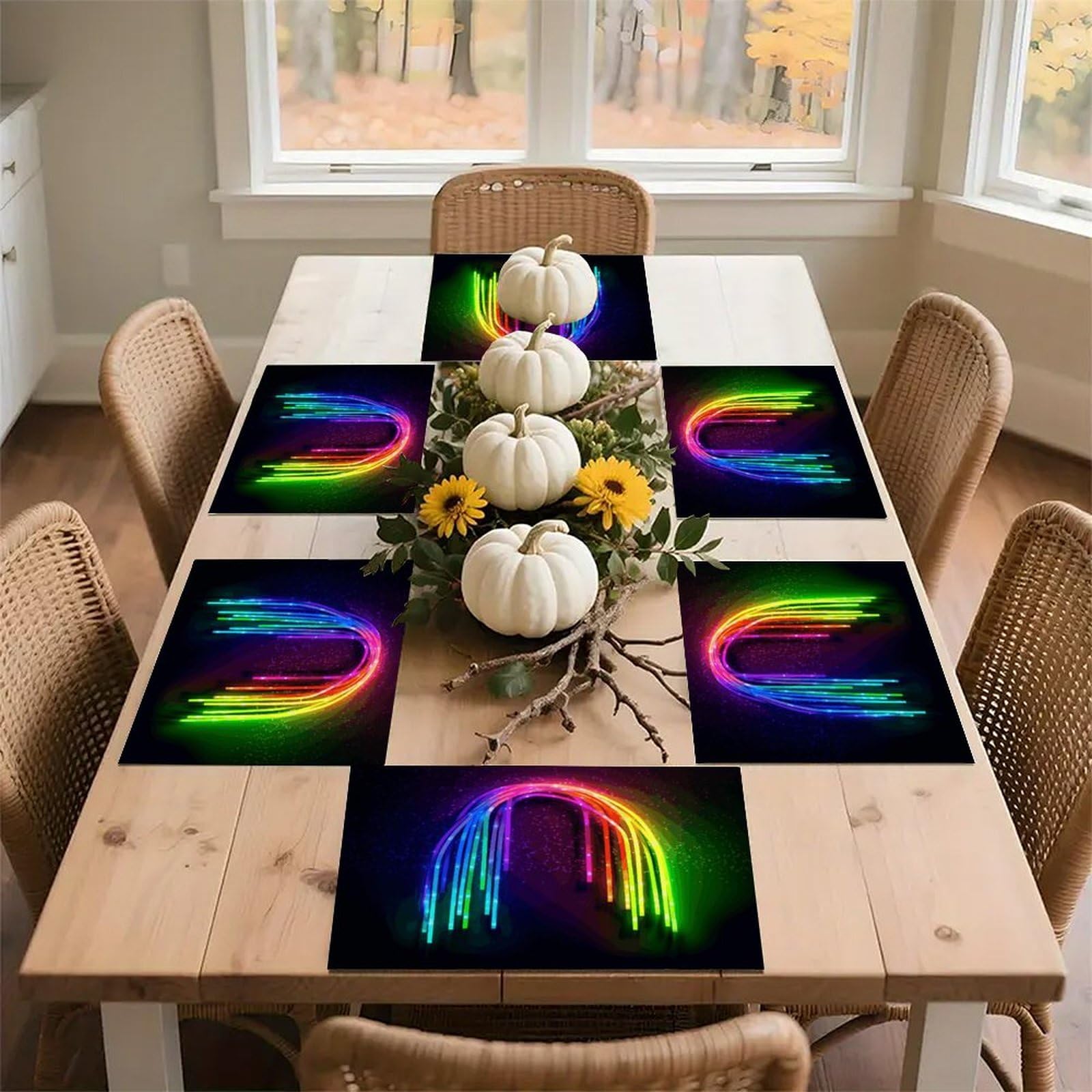 Rainbow Neon Placemats Heat-Resistant Washable Place Mats Anti Slip Dining Table Place Mats Wipeable Dining Table Mats Kitchen Decoration Placemats 17.7’’×11.8’’