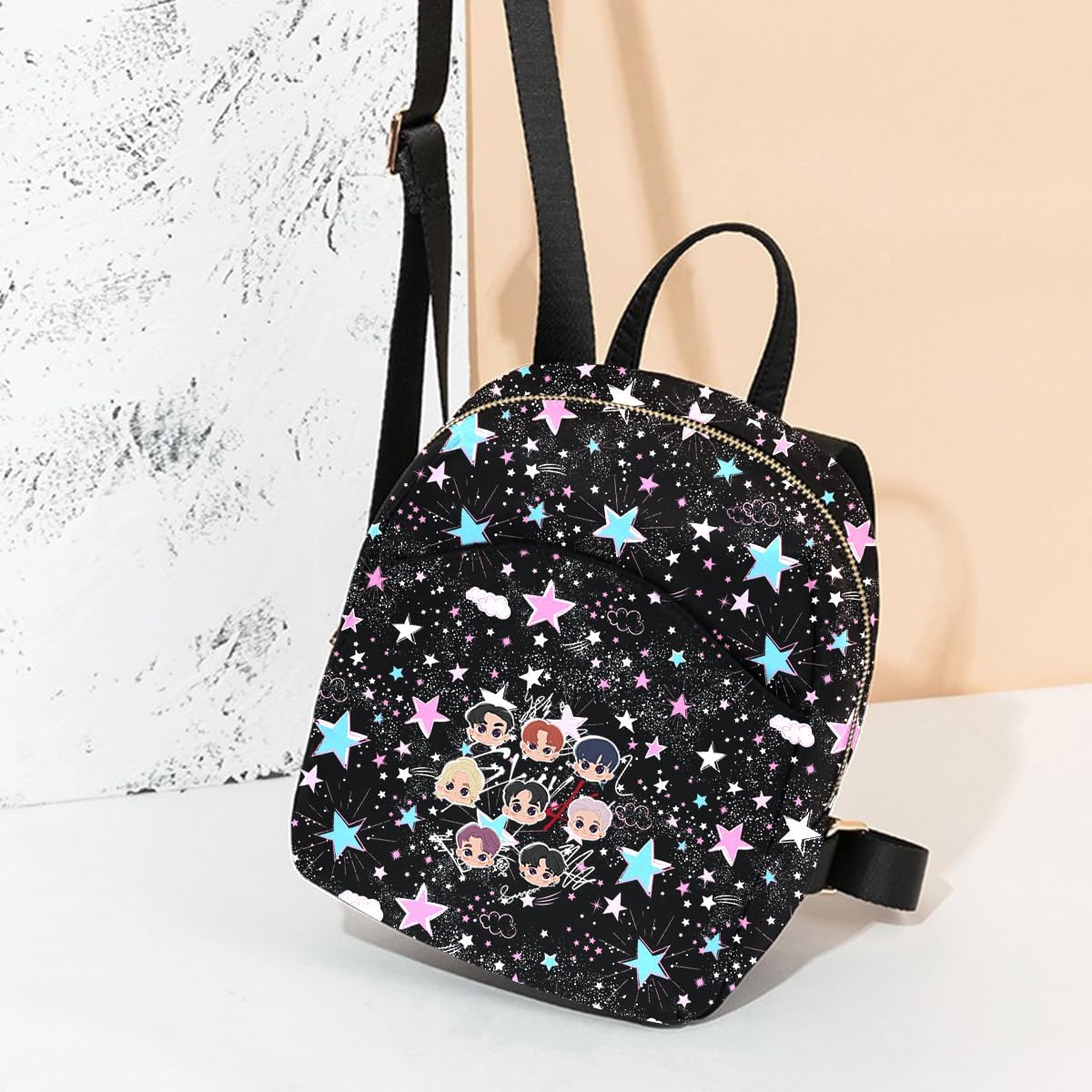 Glittery Stars and Clouds Printed Backpack with Adjustable Straps, Black, Pink and Blue - Image 10