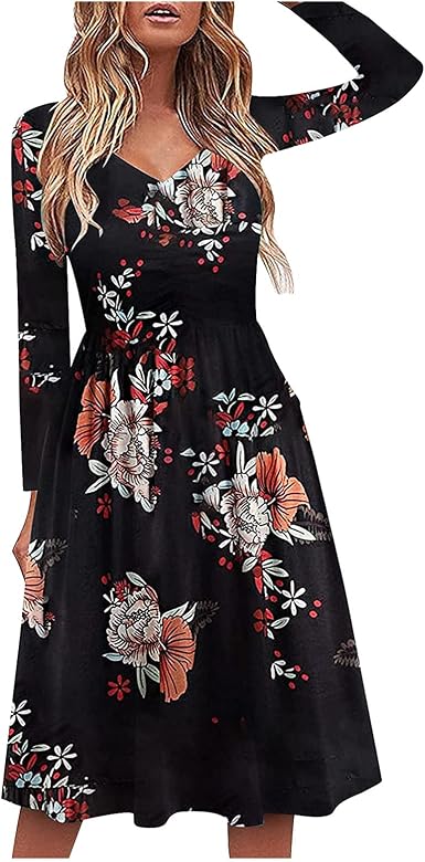 Amazon.com: ACBAC Vestidos para mujer 2021 Boho Otoño Estampado Floral  Volantes Boda Invitado Manga Larga Cuello en V Túnica de Punto Largo hasta  la Rodilla : Ropa, Zapatos y Joyería