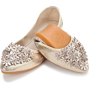 KUNWFNIX Women's Ballet Flats Foldable Classic Crown Rhinestone Slip On Flowers PU Leather Pointed Toe Comfort Flat Casual Dress Shoes 7 #03-gold