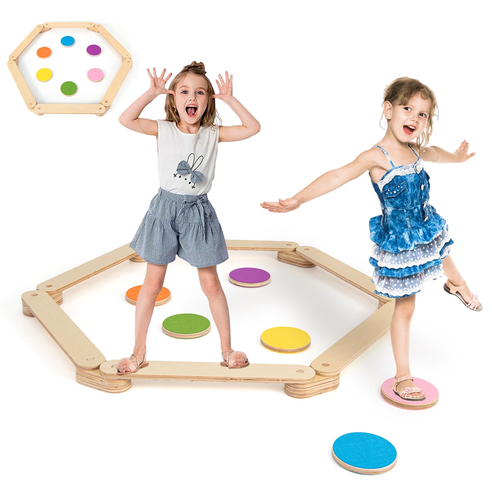 HOMASIS Trave di Equilibrio per Bambini, 18 Pezzi in Legno con 6 Pietre e Connettori, Tavola di Equilibrio Montessoriano per Equilibrio e Coordinazione, Barra di Equilibrio per Bambini dai 3 Anni