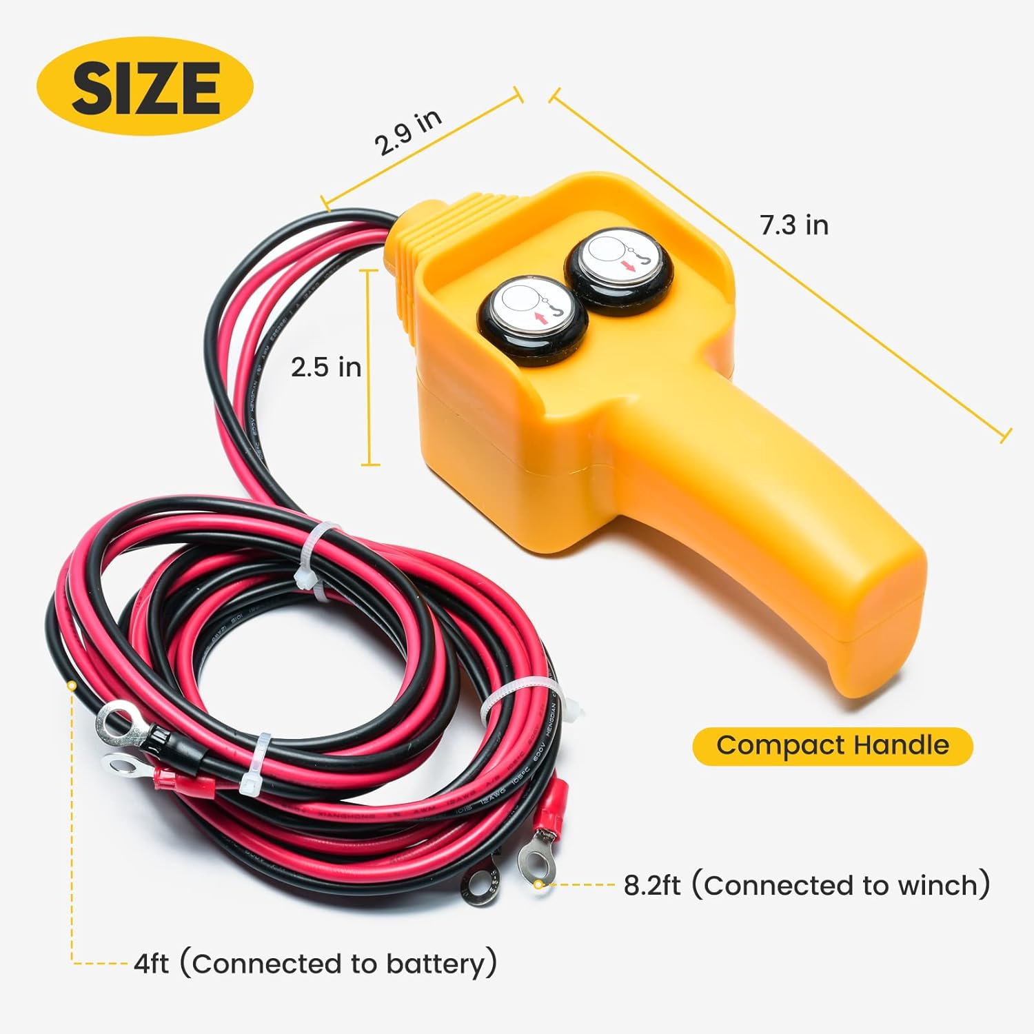 Image showing the dimensions of the Briidea Winch Controller handle and cable lengths