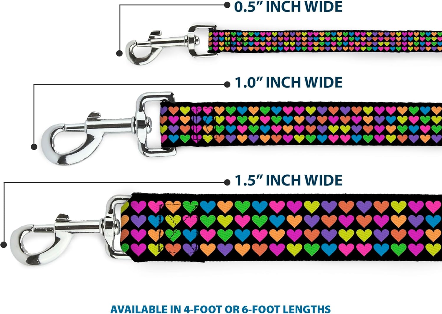 Buckle-Down Pet Leash - Mini Hearts Black/Multi Neon - 6 Feet Long - 1" Wide