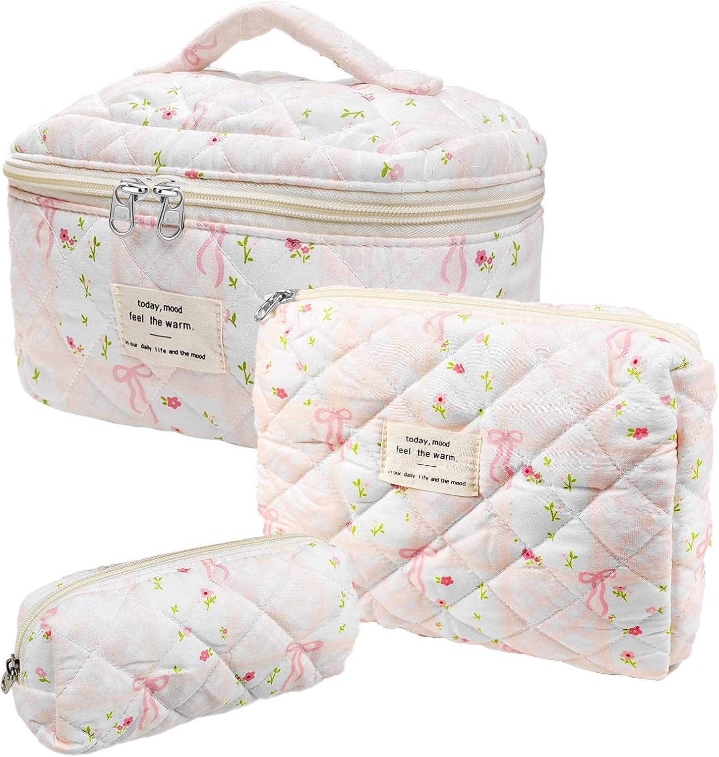Cute Cotton Quilted Makeup Bag Set, Large Travel Cosmetic Bag for Women, Big Make Up Bag with Toiletry Organizer, Aesthetic Storage for Daily Use & Travel(3pcs-overbowfloral)