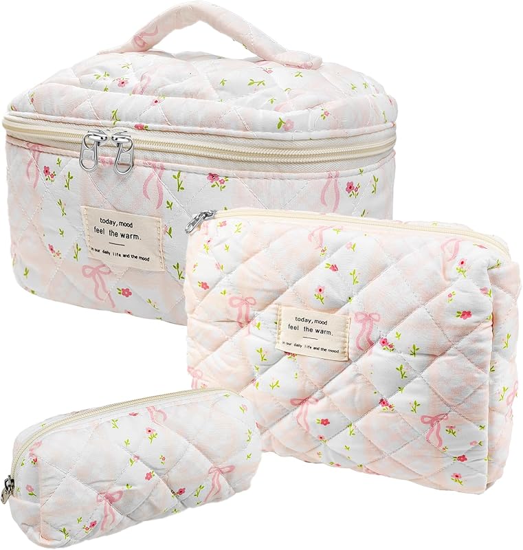 Cozomga Conjunto com 3 necessaires de algodão matelassado com zíper, estojos para maquiagem e produtos de higiene, estampa floral