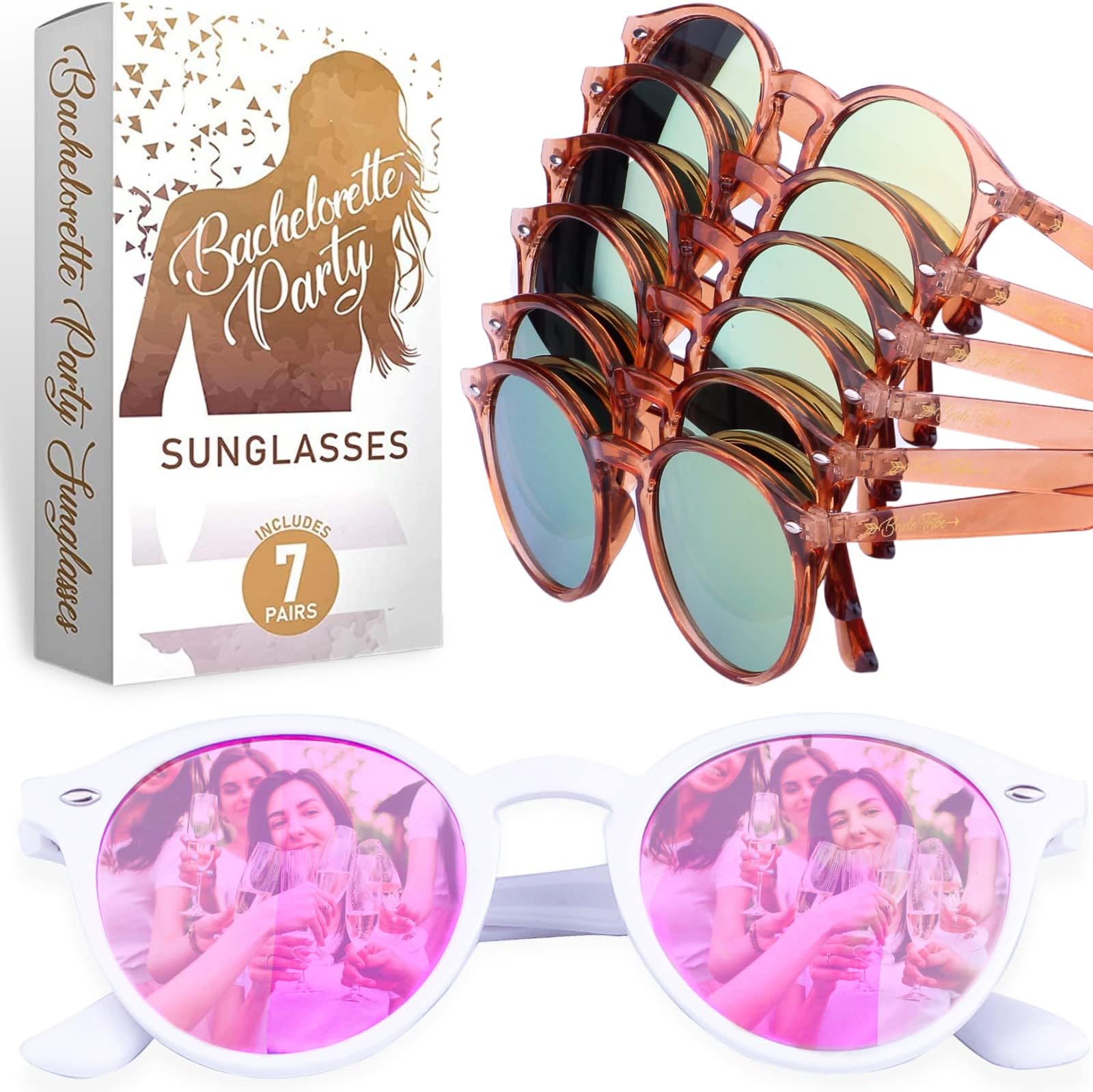 Bride Tribe Bachelorette Sunglasses (7 Pack) - Bride Sunglasses & Bridesmaid Sunglasses Bachelorette Party Favors - Bachelorette Party Sunglasses Set for Bridesmaid Gifts & Bridal Party Sunglasses
