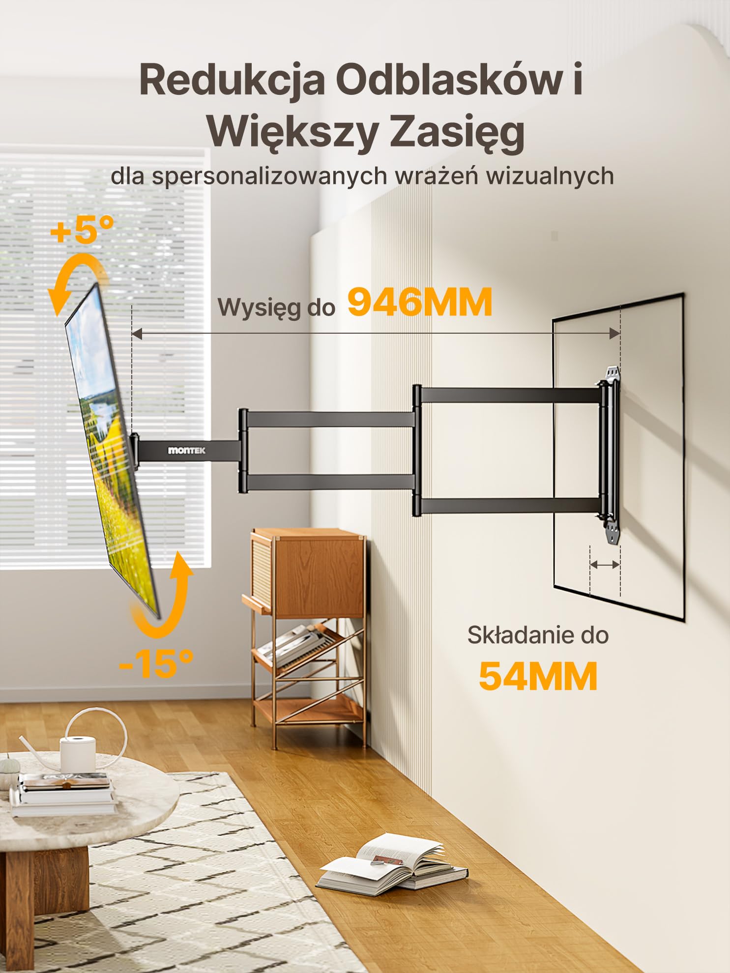monTEK Uchwyt ścienny do telewizora z długim rękawem do większości telewizorów 23-65", wysuwany uchwyt 37-calowy, wychylny i pochylony, pasuje do maks. VESA 400 x 400 mm, do 35 kg