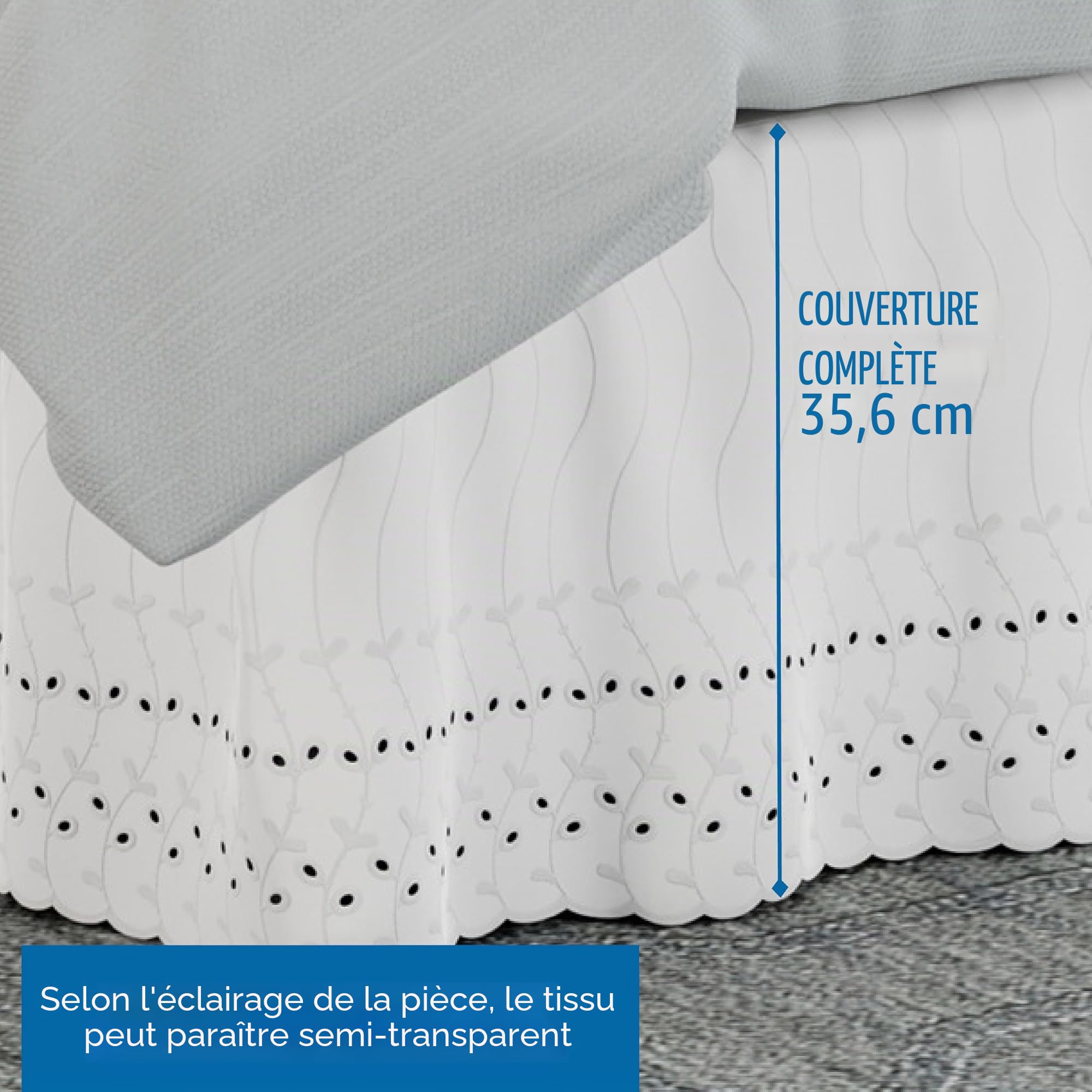 Fresh Ideas Cache-sommier à Volants avec œillets et détails brodés, Longueur de Chute 35,6 cm, Style froncé, King Size, Blanc