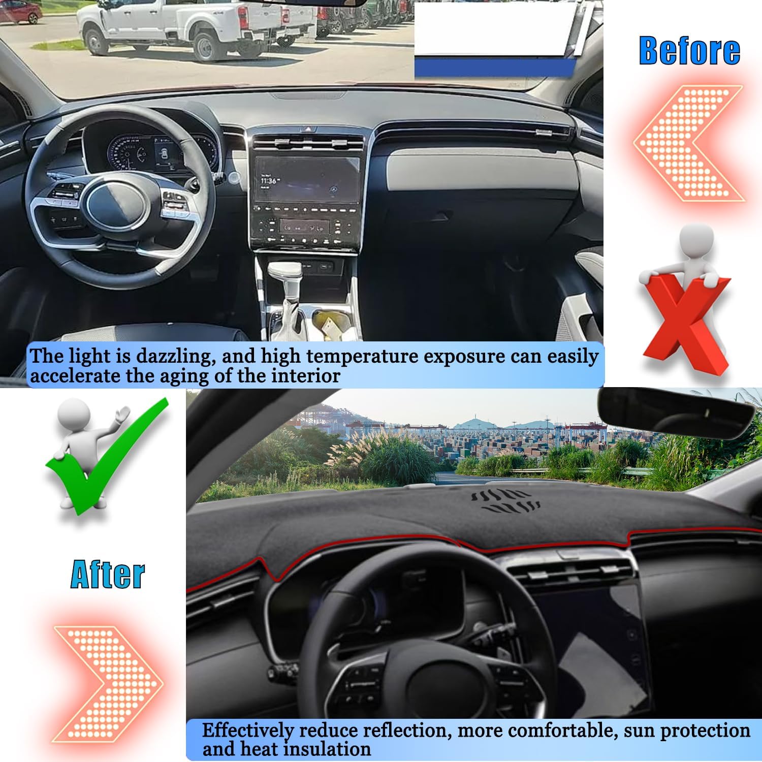 Dashboard Cover Dash Cover Mat Pad Carpet Custom for Hyundai Tucson 2022 2023 2024(ONLY FITS 4.2-inch Color LCD Display) Interior Accessories Anti-Skid Center Console Protector Mat (Red Edge)