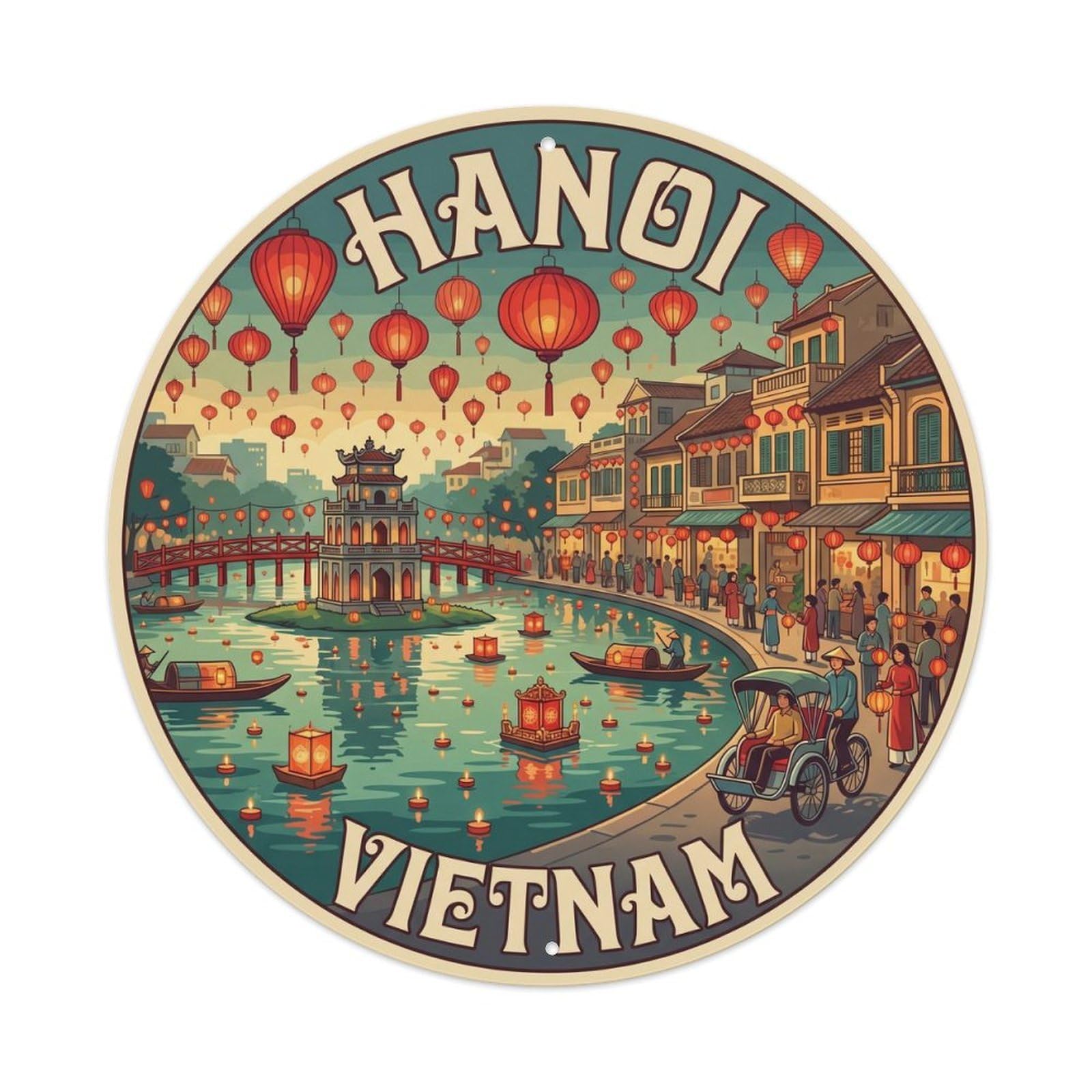 Yrnq 8X8inch Vintage Style Vintage Travel Hanoi Vietnam Lantern Festival Metal Tin Sign