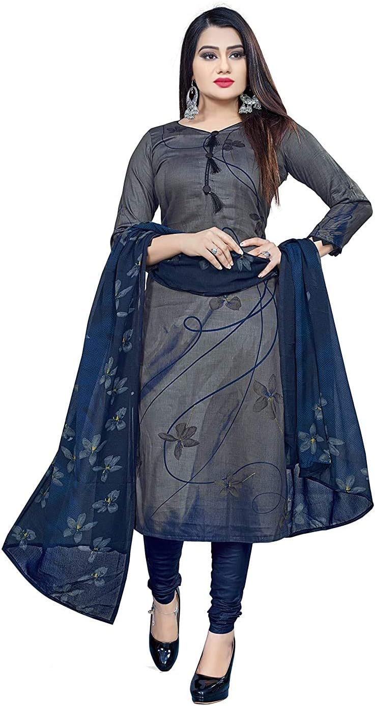 Indian/Pakistani Salwar Kameez Women's Grey Cotton Printed Unstitched Salwar Suit Material