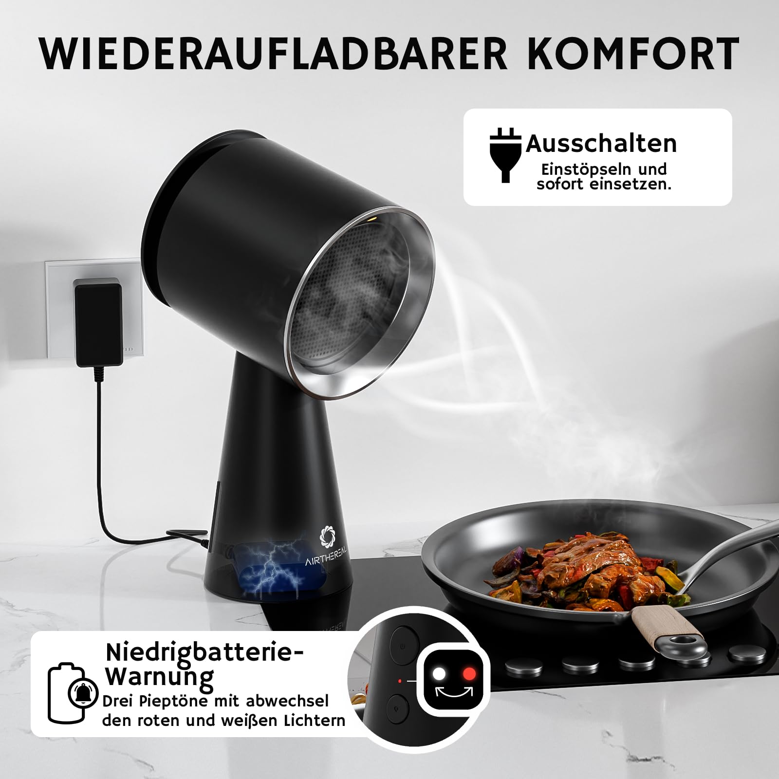 Hotte aspirante de table rechargeable Airthereal, hotte portable avec batterie, 3 vitesses de ventilation et grand réservoir à huile, hotte de cuisine mobile améliorée pour camping-cars – RH180B Noir