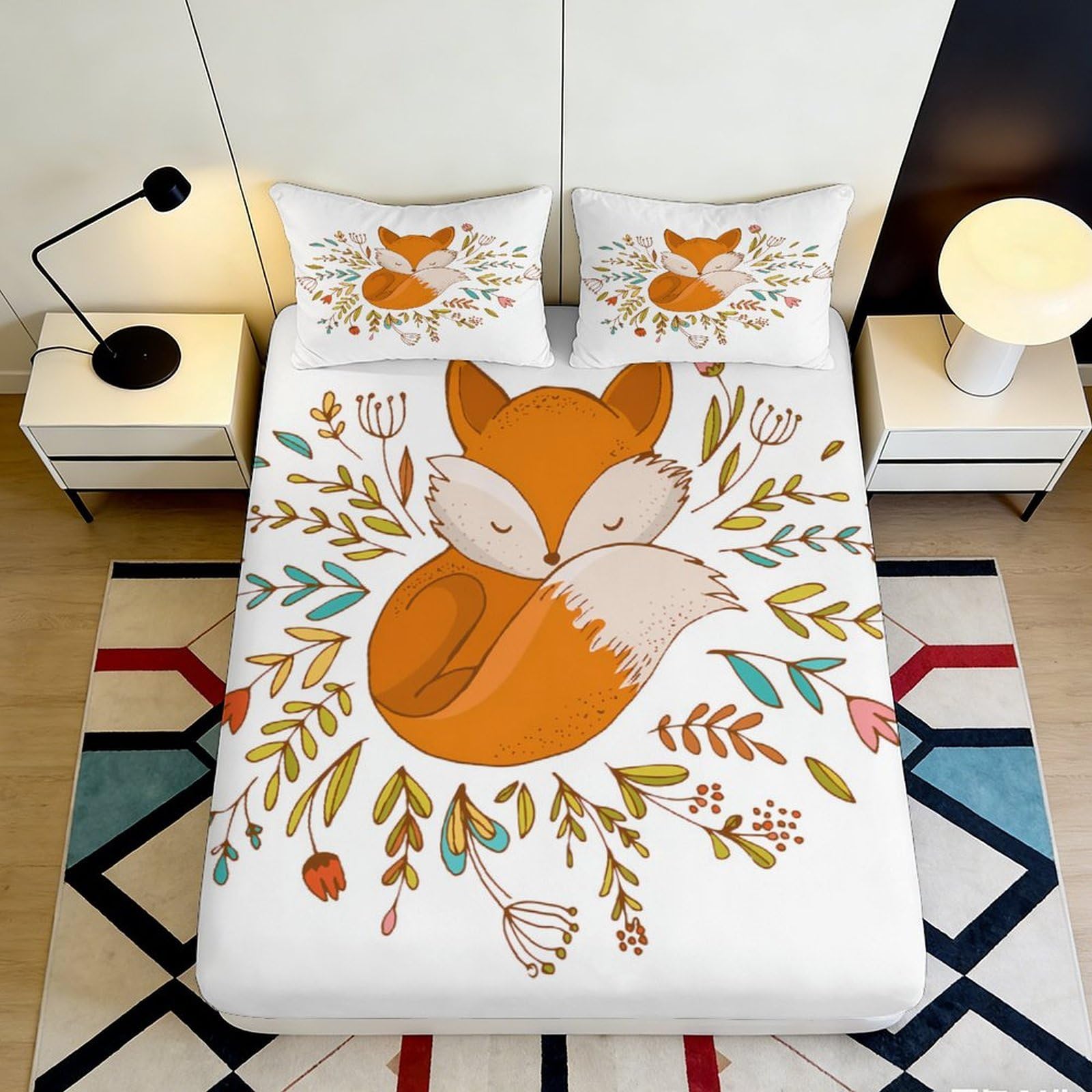 Pnayamiorkfel Style-8 3D Printed Fox Floral Fitted Sheet Microfiber Anti-Slip Bed Cover For Bedroom Guest Room Easy Care Decor 90X200x25cm