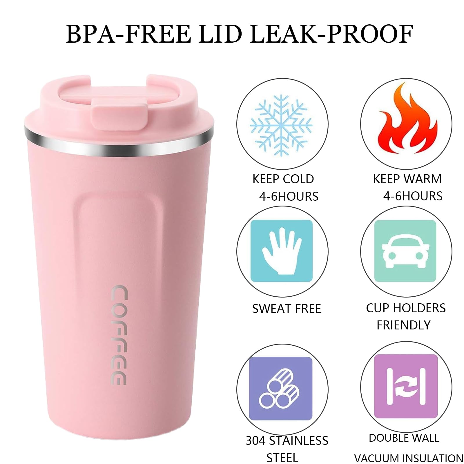 Shunshi Insulated Coffee Cup with Leakproof Lid - Reusable Travel Mug, Keeps Drinks Hot or Cold (Pink/510ML) - Image 3