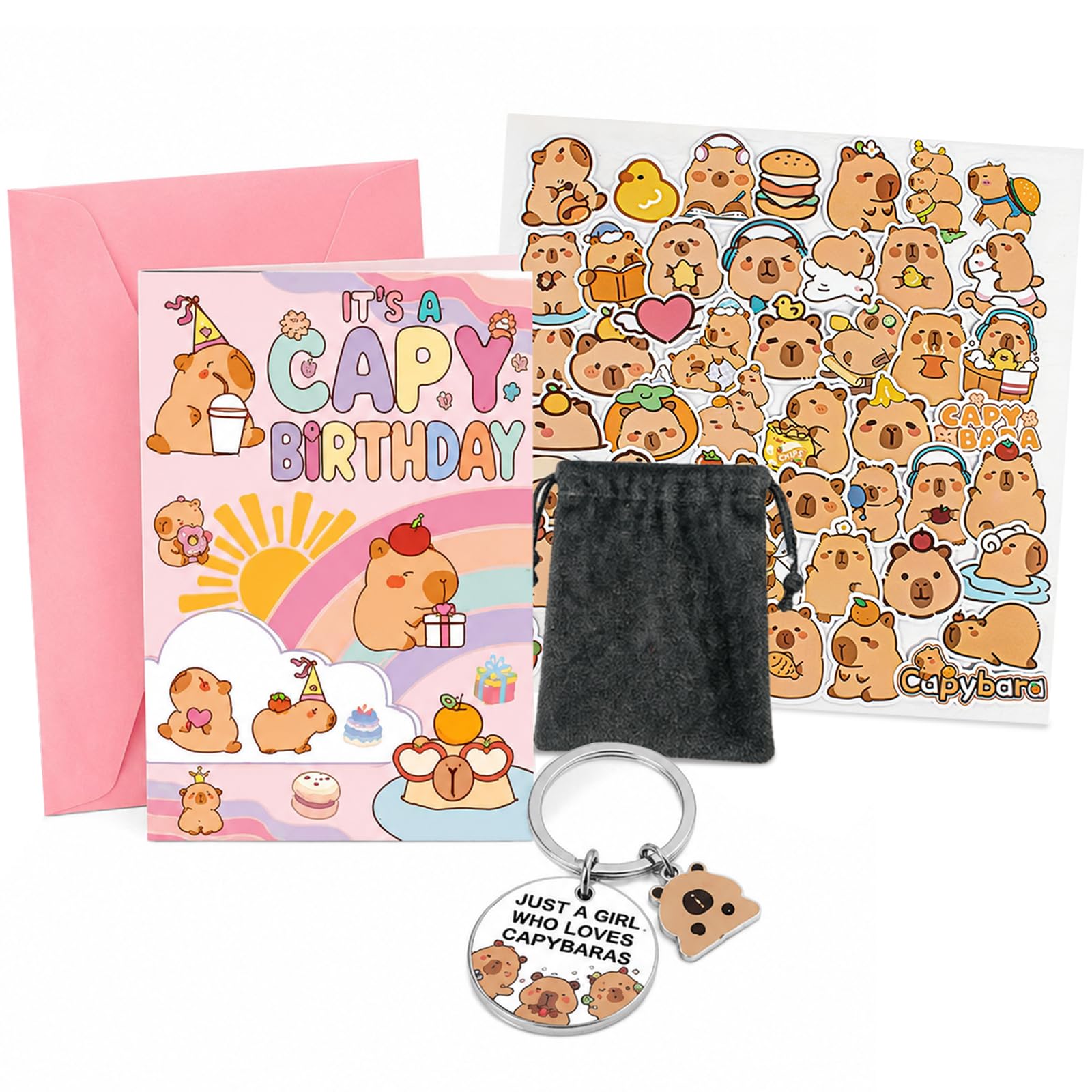 Capybara Birthday Gifts Set, Happy Birthday Card with Keychain, Stickers, Envelope & Gift Pouch, Funny Birthday Card for Girls, Women, Daughter, Sister