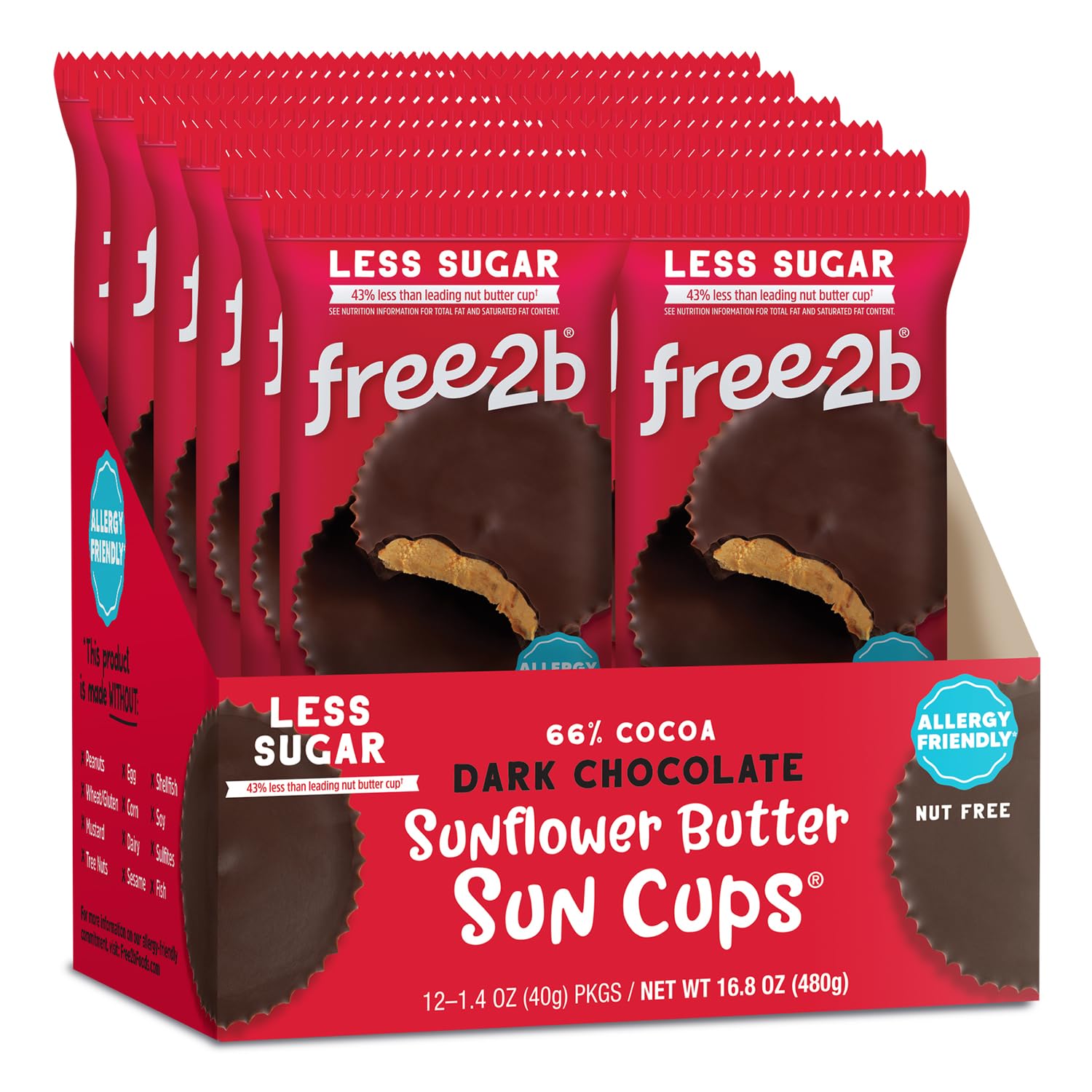 Free2b Sunflower Butter Sun Cups, Safe for School and Allergy Friendly, Gluten-Free, Dairy-Free, Nut-Free, and Soy-Free, Dark Chocolate, 2-Cup Packages (Pack of 12)