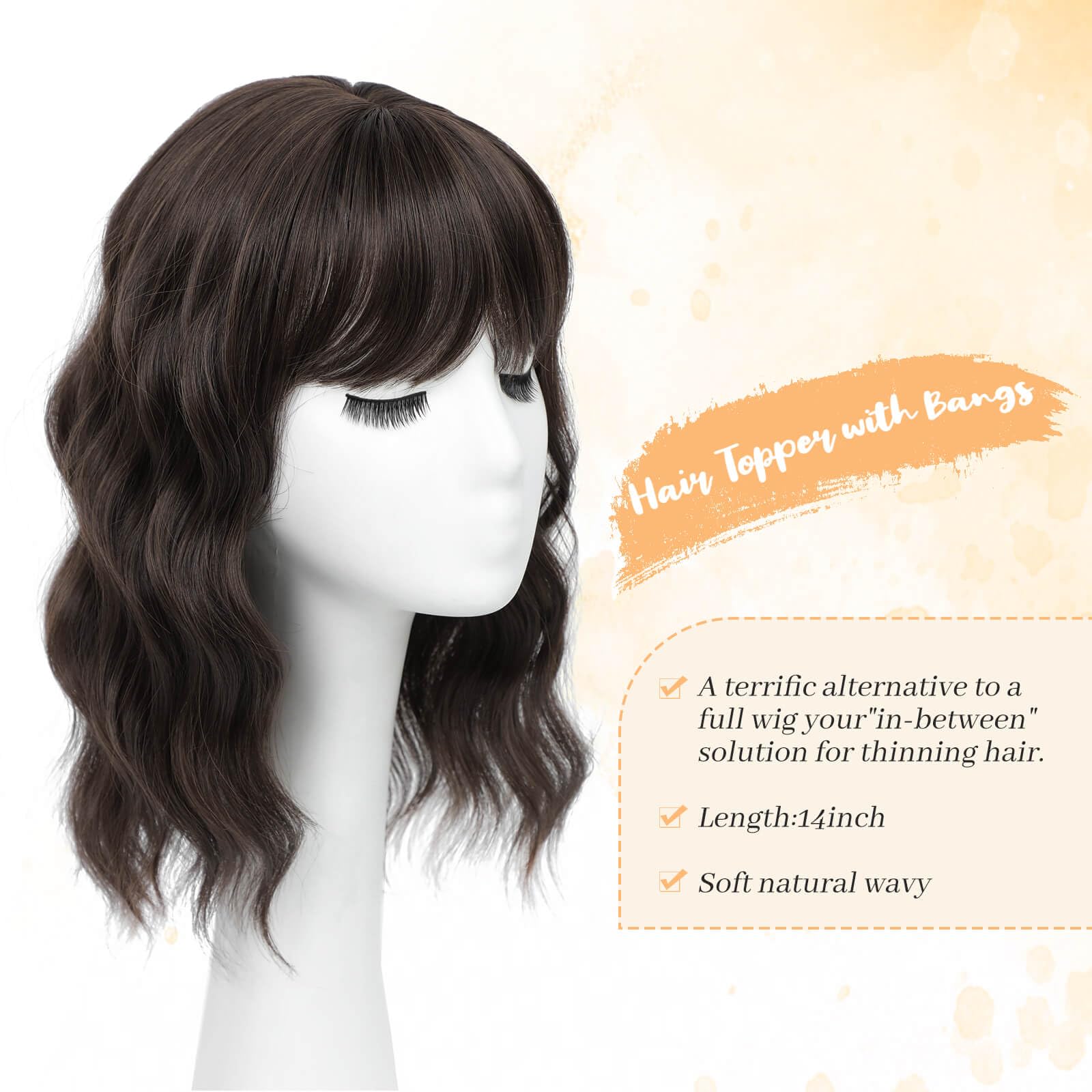 MARJORIE Hair Topper 14inch Golden Blonde Wavy Hair Toppers for Women with Thinning Synthetic Wiglets Topper with Bangs Clip in Hair Pieces For Women,Changing Hairstyle, Boosting Confidence