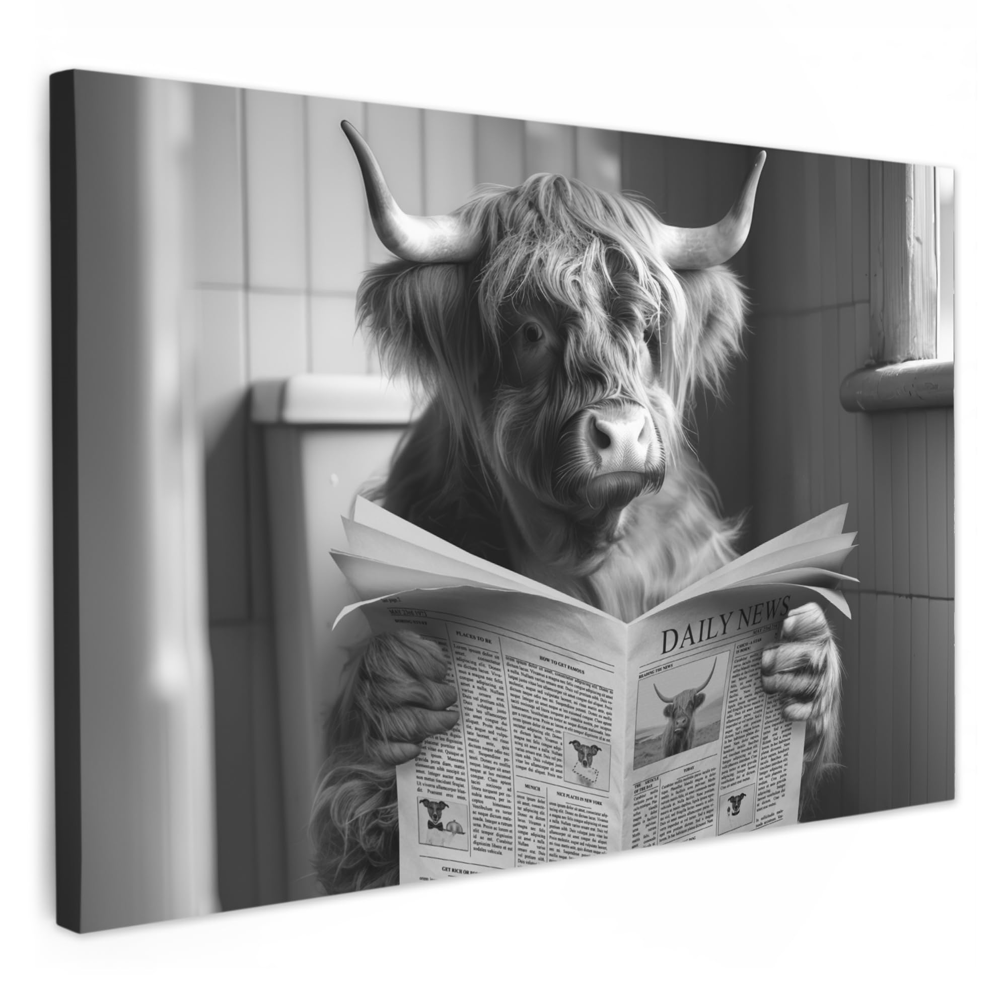 MuchoWow© Canvas Wall Art 60x40 cm Decor Paintings Prints framed on Canvas Decorations Wallart Scottish Highlander - Cow - Newspaper - WC - Black and white — image 1