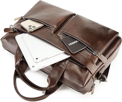 Miniatura 4 de Maletín de cuero vintage de 15.7 pulgadas para computadora portátil, bolsa de trabajo retro con hombro, bolsa de mensajero clásica de negocios
