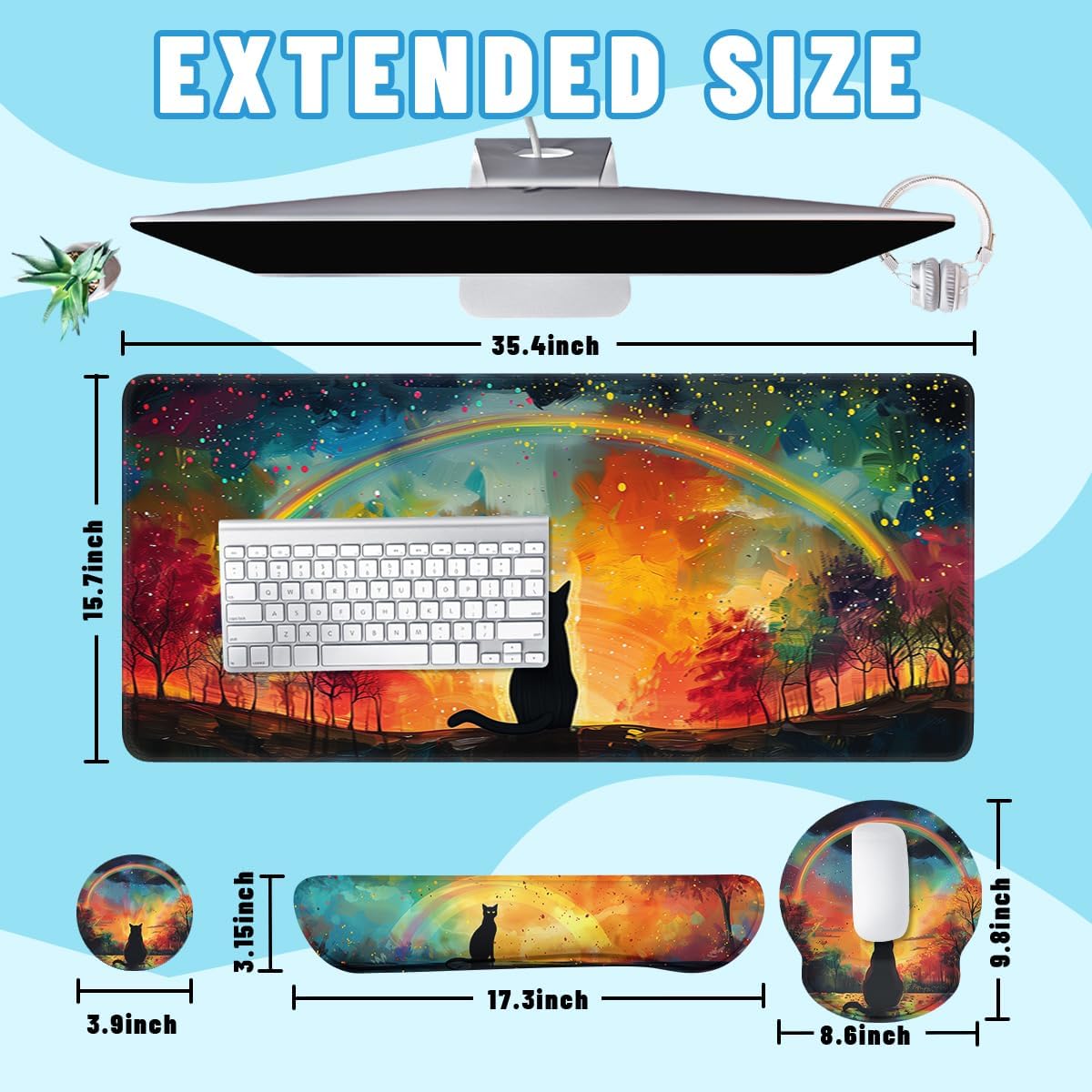 Rainbow Mouse Pad Set Colorful Sunset Forest Cat Silhouette Gaming Mousepad 4in1 Desk Mat for Desktop Anti-Slip XXL Big Computer Ergonomic Mousepad with Wrist Support for Keyboard and Mouse