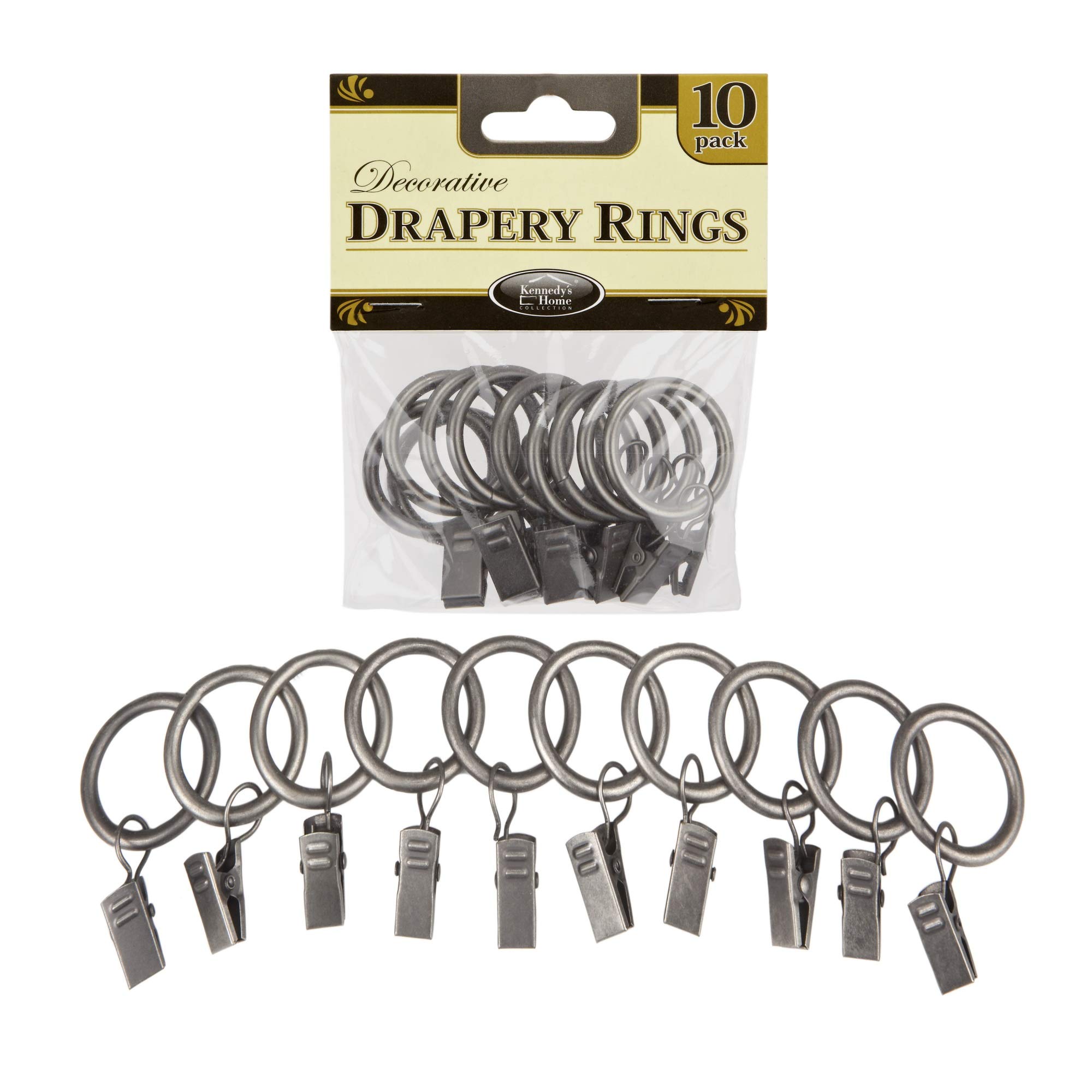 Home Details, Decorative Window Satin Nickel with Durable Clips Curtain Rings, 10 Pack